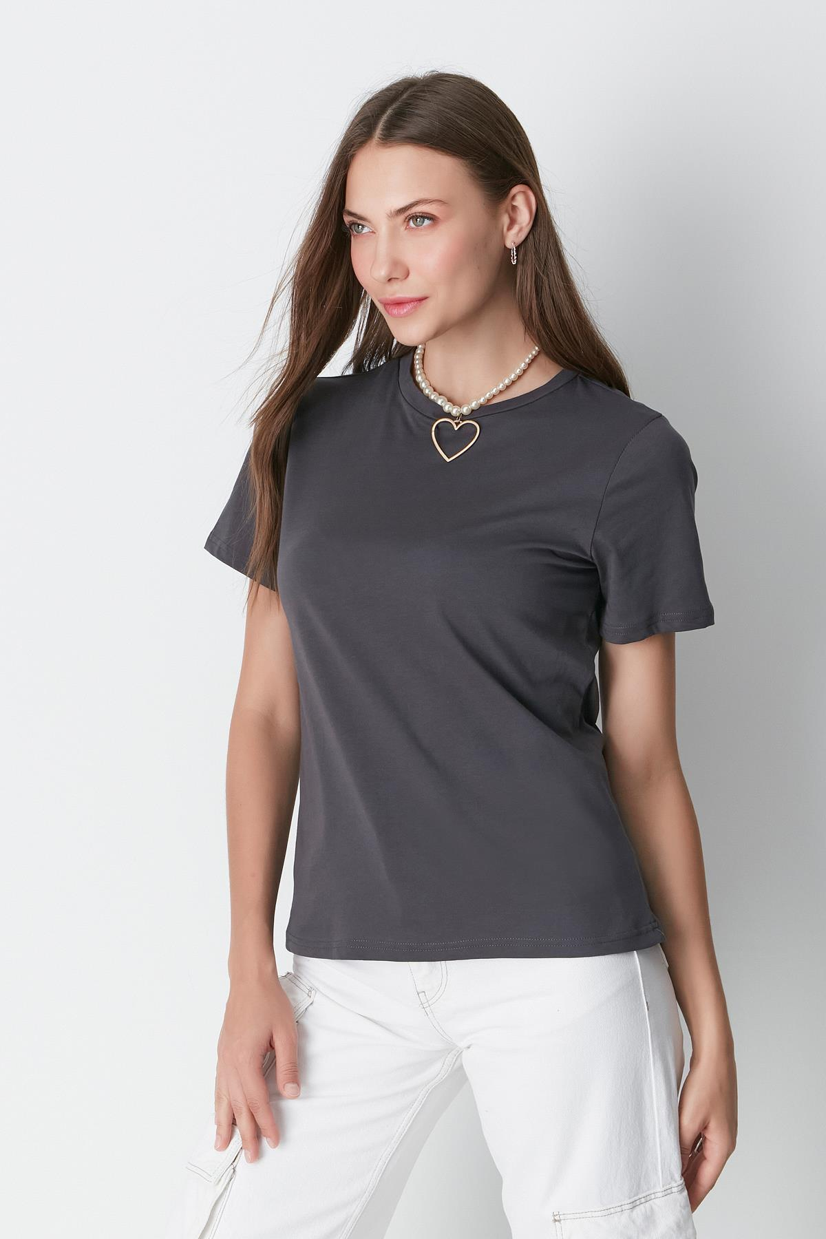 Bisiklet Yaka Kısa Kol 2'li Basic T-Shirt 960 Çağla/Füme