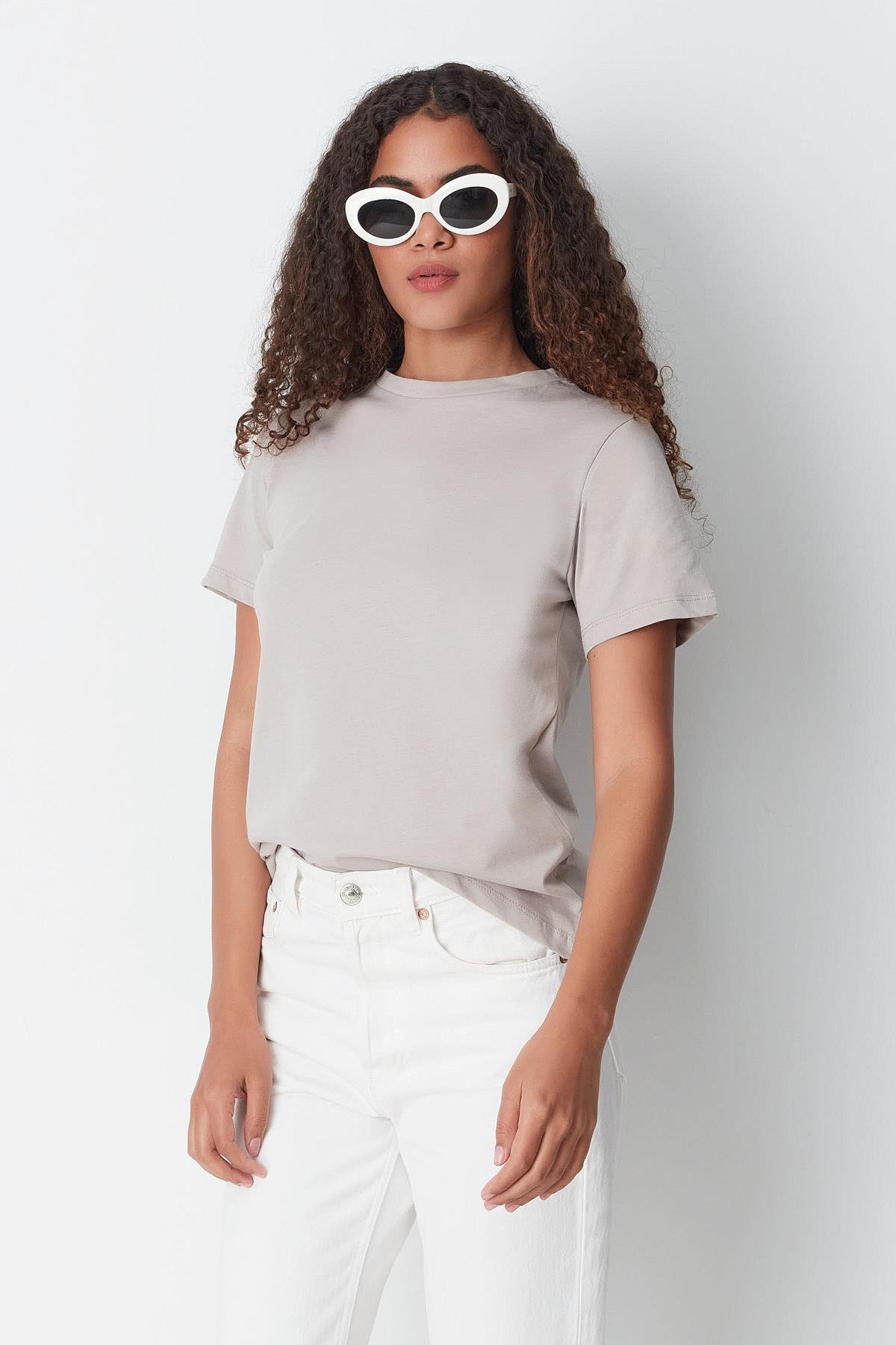 Bisiklet Yaka Kısa Kol 2'li Basic T-Shirt 960 Gri/Bej