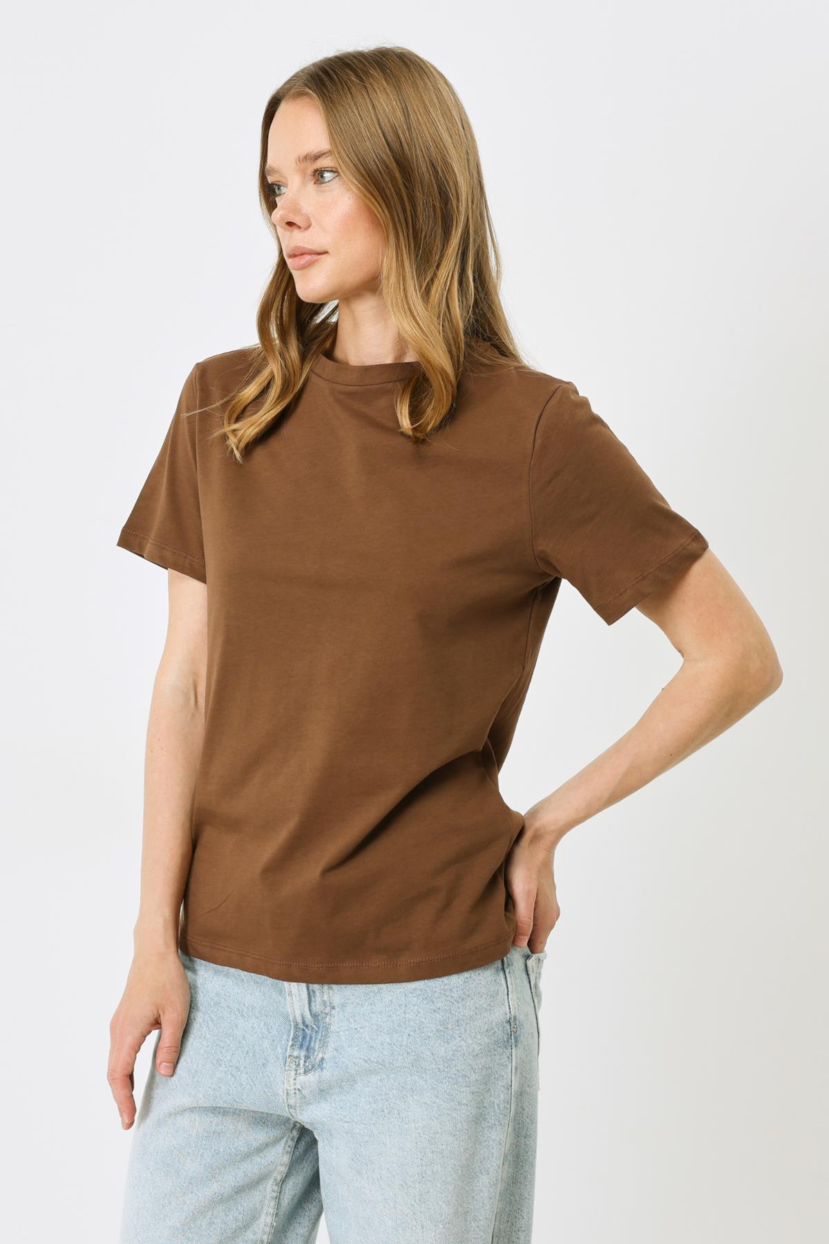 Bisiklet Yaka Kısa Kol 2'li Basic T-Shirt 960 Kahverengi/Haki
