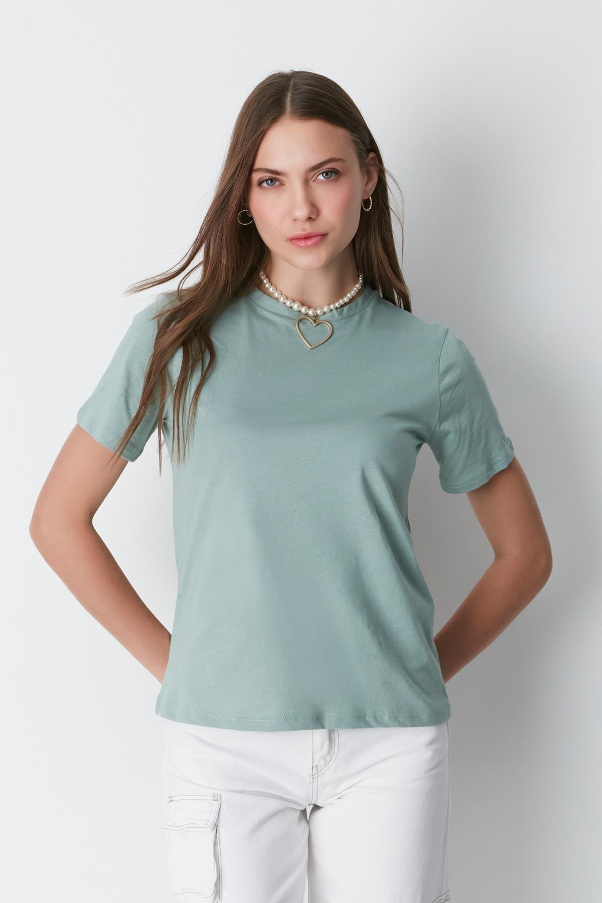 Bisiklet Yaka Kısa Kol 2'li Basic T-Shirt 960 Çağla/Füme