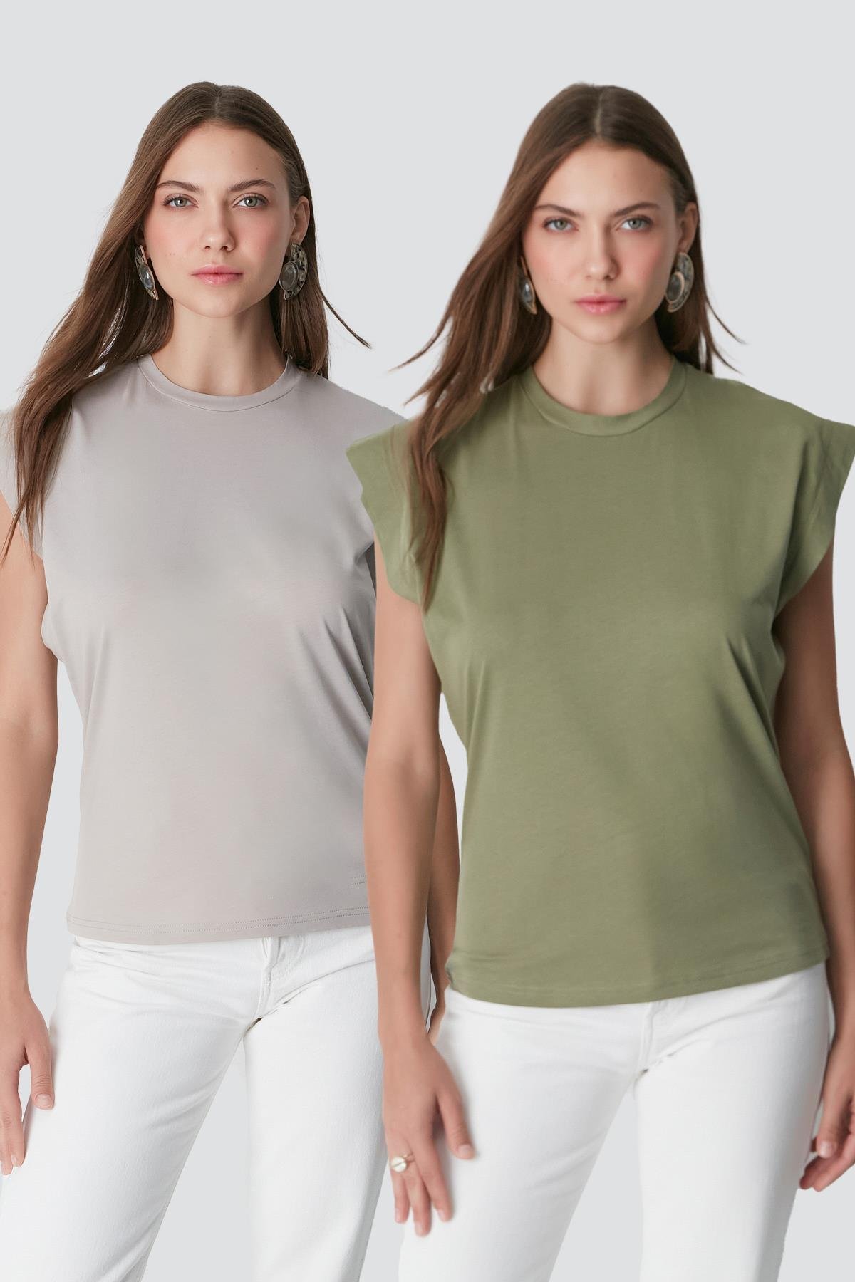Bisiklet Yaka Kısa Kol 2'li Basic T-Shirt 958 Haki/Gri