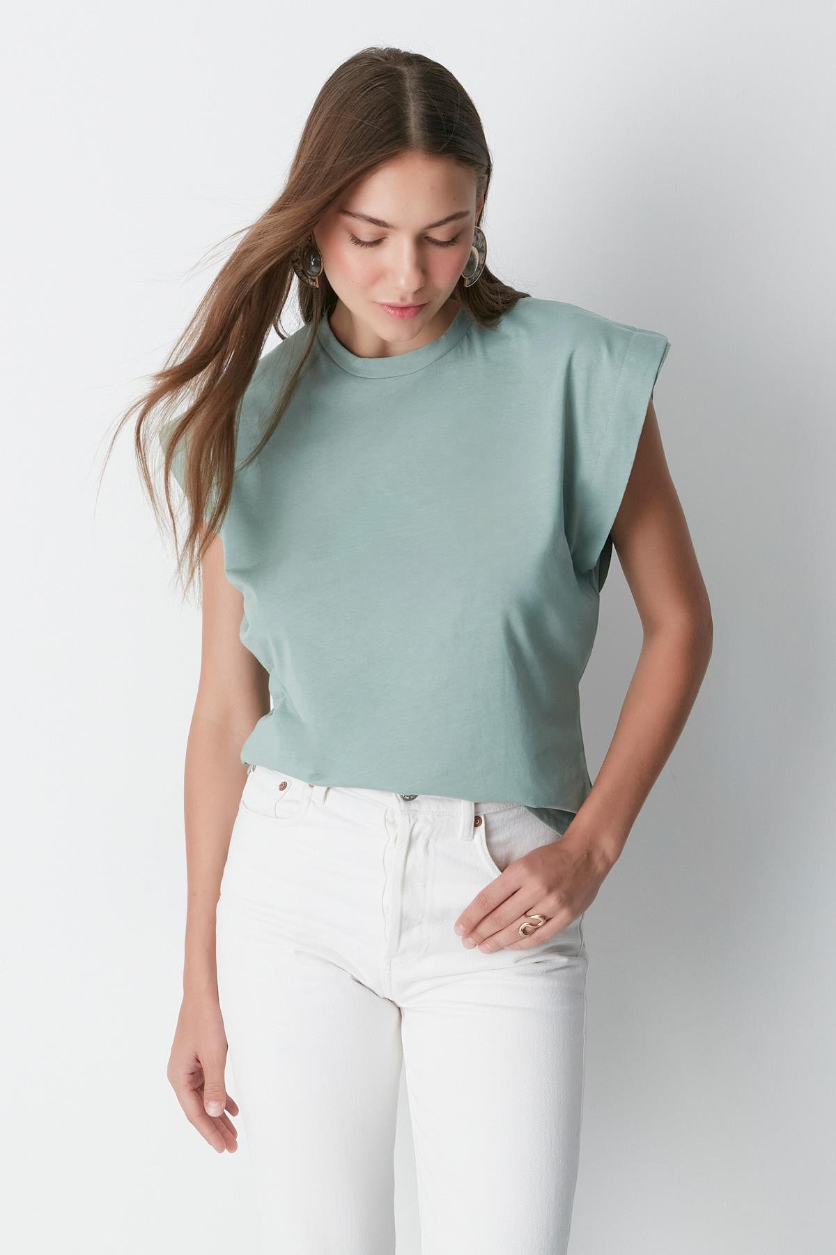 Bisiklet Yaka Kısa Kol 2'li Basic T-Shirt 958 Çağla/İndigo