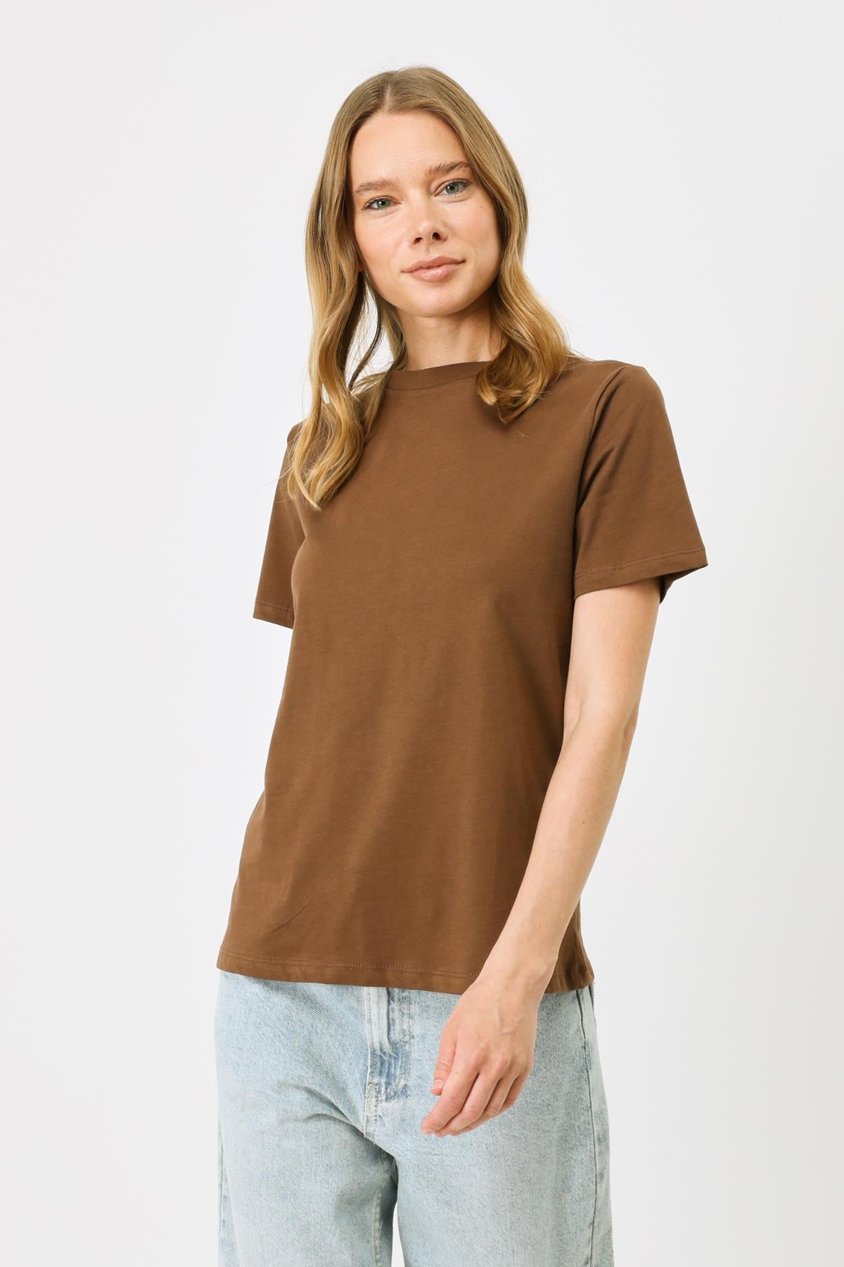 Bisiklet Yaka Kısa Kol 2'li Basic T-Shirt 960 Kahverengi/Haki