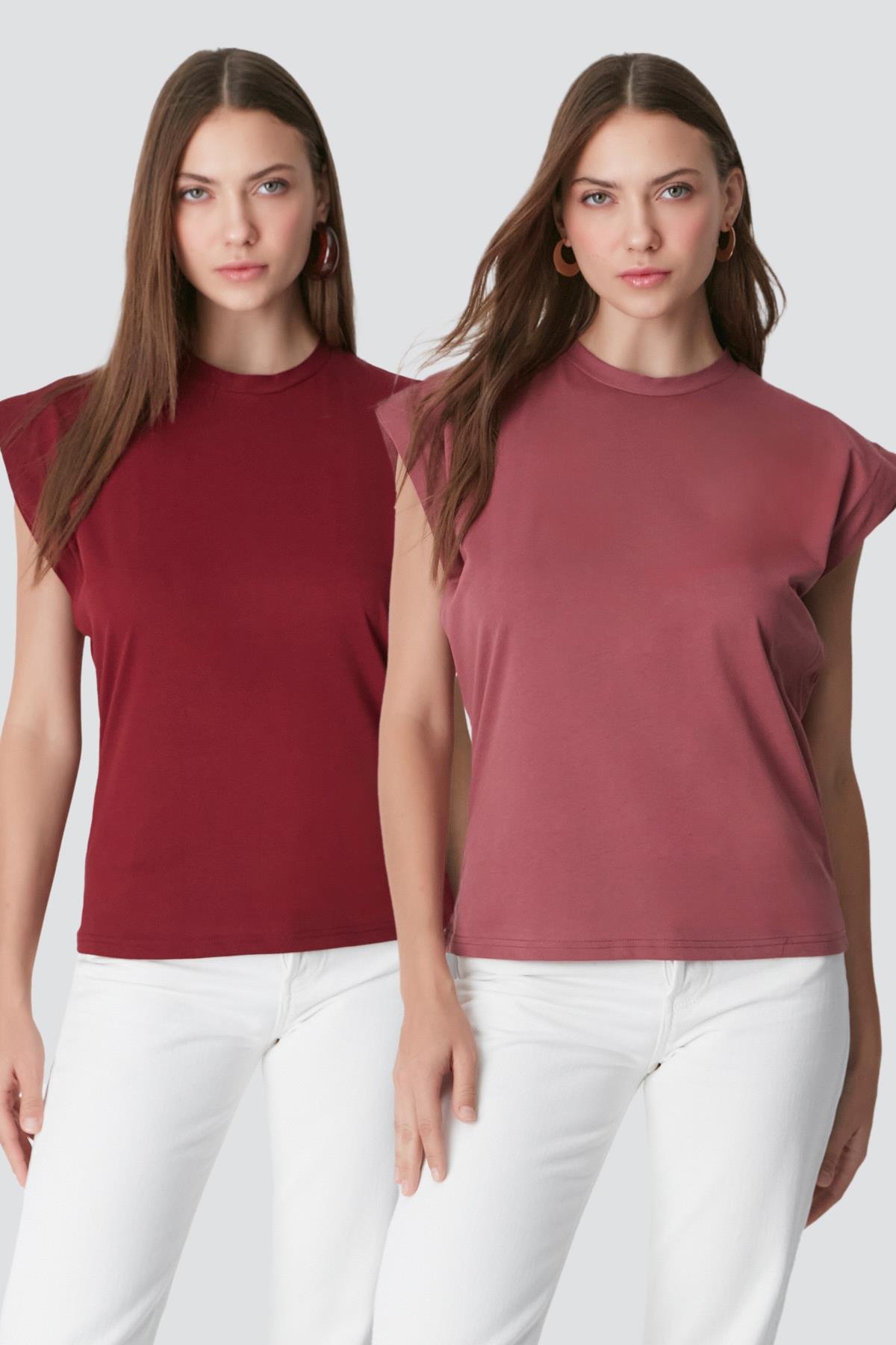 Bisiklet Yaka Kısa Kol 2'li Basic T-Shirt 958 Gül Kurusu/Bordo