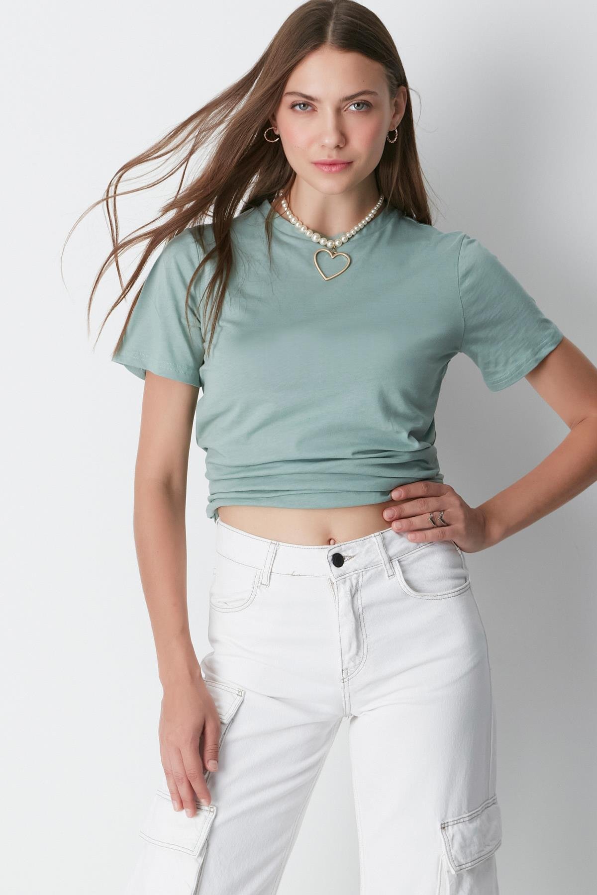 Bisiklet Yaka Kısa Kol 2'li Basic T-Shirt 960 Çağla/Füme