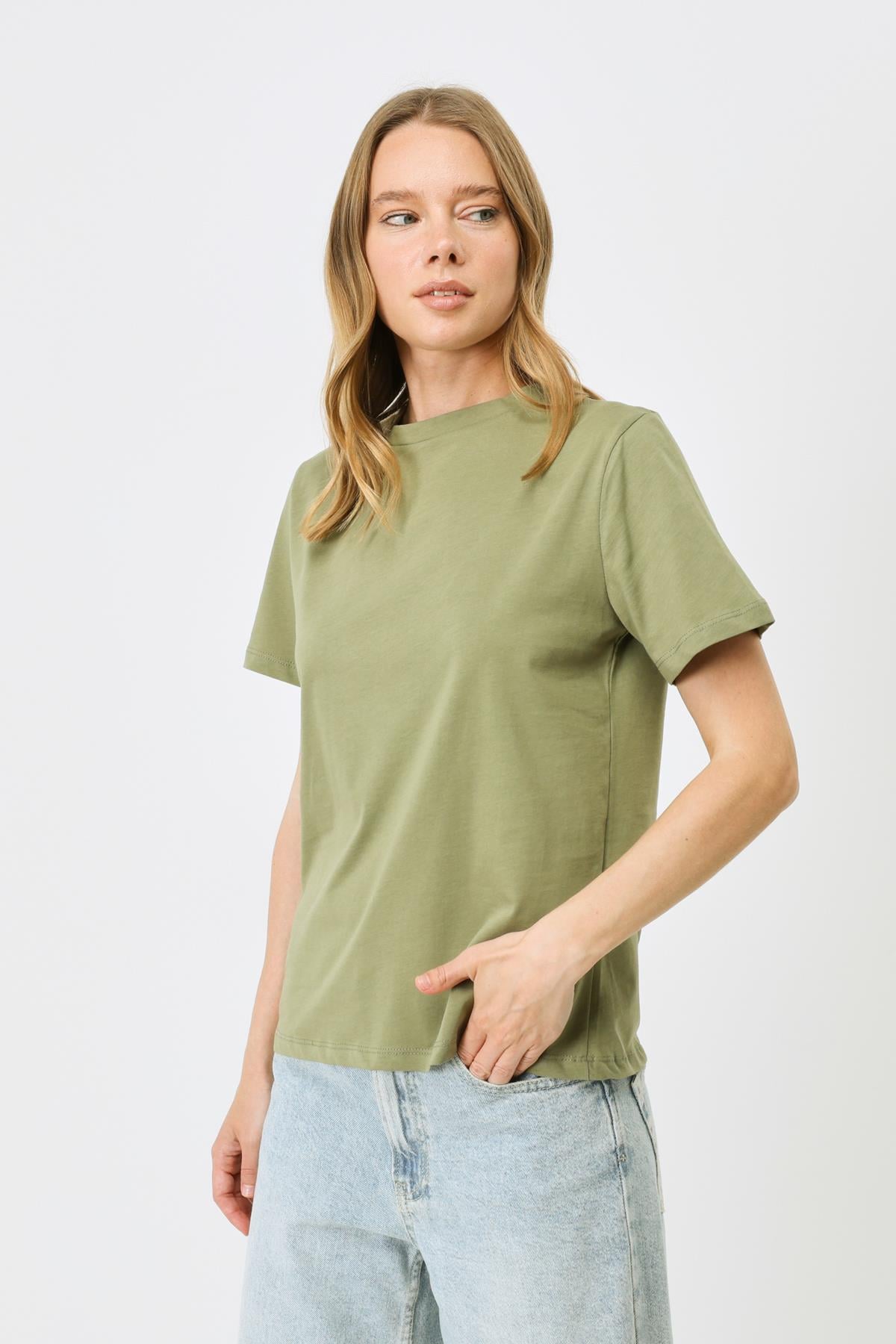 Bisiklet Yaka Kısa Kol 2'li Basic T-Shirt 960 Kahverengi/Haki