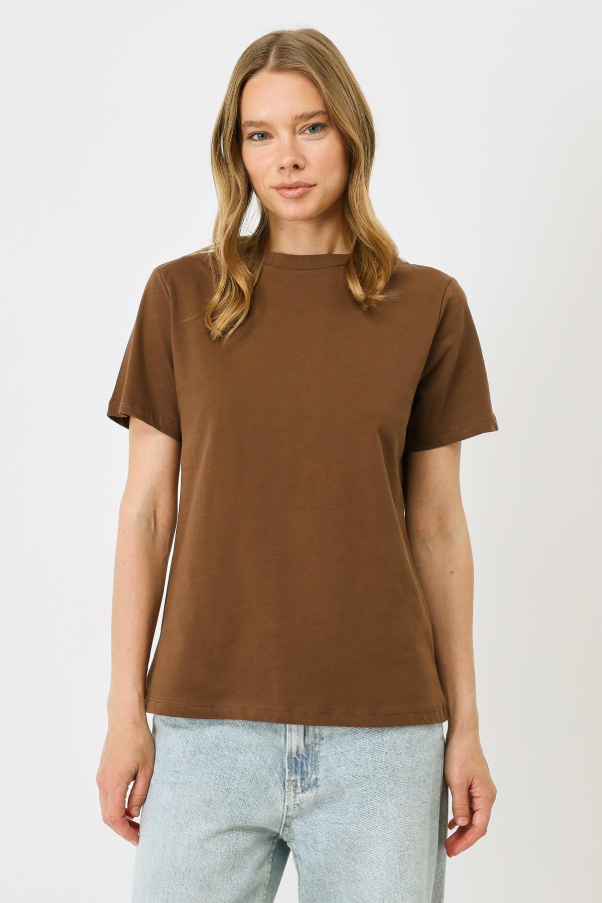 Bisiklet Yaka Kısa Kol 2'li Basic T-Shirt 960 Kahverengi/Haki