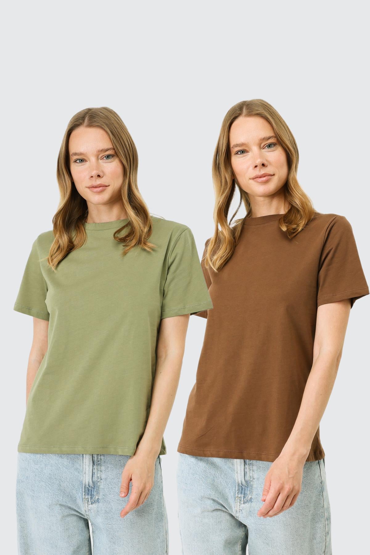 Bisiklet Yaka Kısa Kol 2'li Basic T-Shirt 960 Kahverengi/Haki