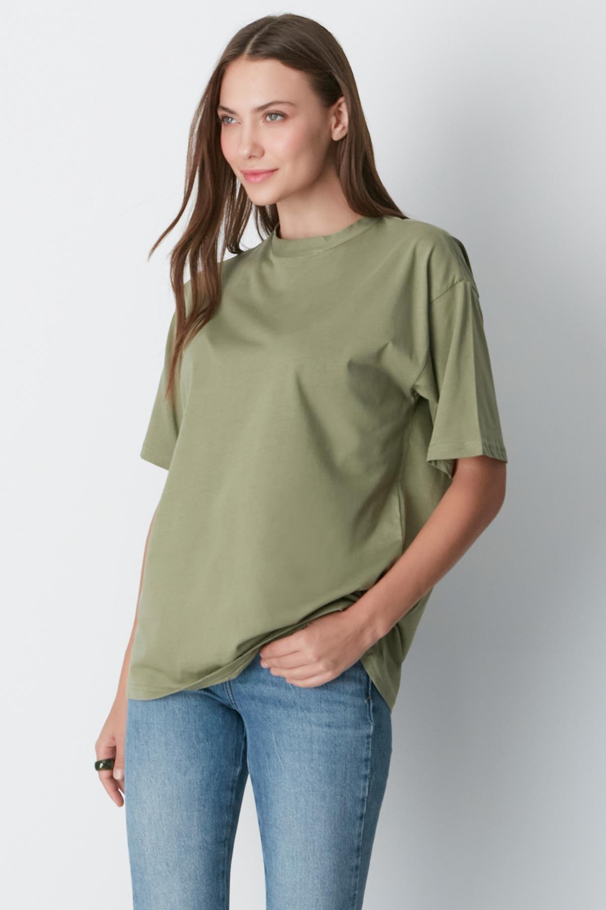 Bisiklet Yaka Kısa Kol 2'li Casual Basic T-Shirt 961 Haki/Çağla