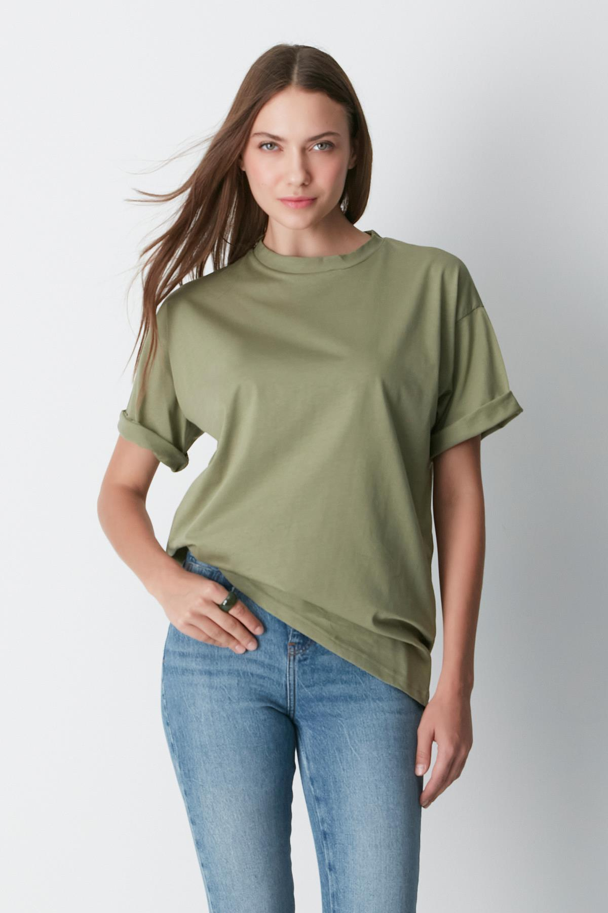 Bisiklet Yaka Kısa Kol 2'li Casual Basic T-Shirt 961 Haki/Çağla