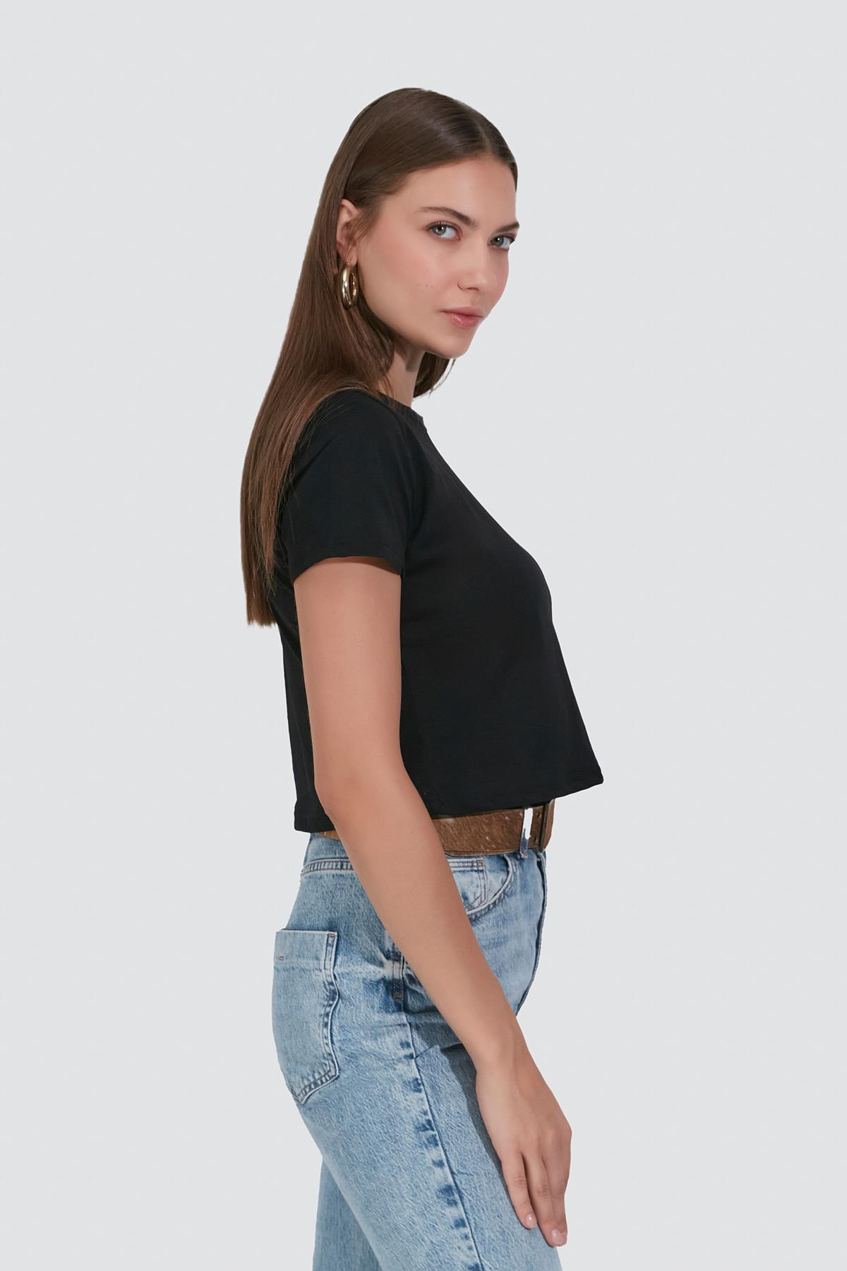 Bisiklet Yaka Kısa Kol 2'li Crop T-Shirt 956 Siyah