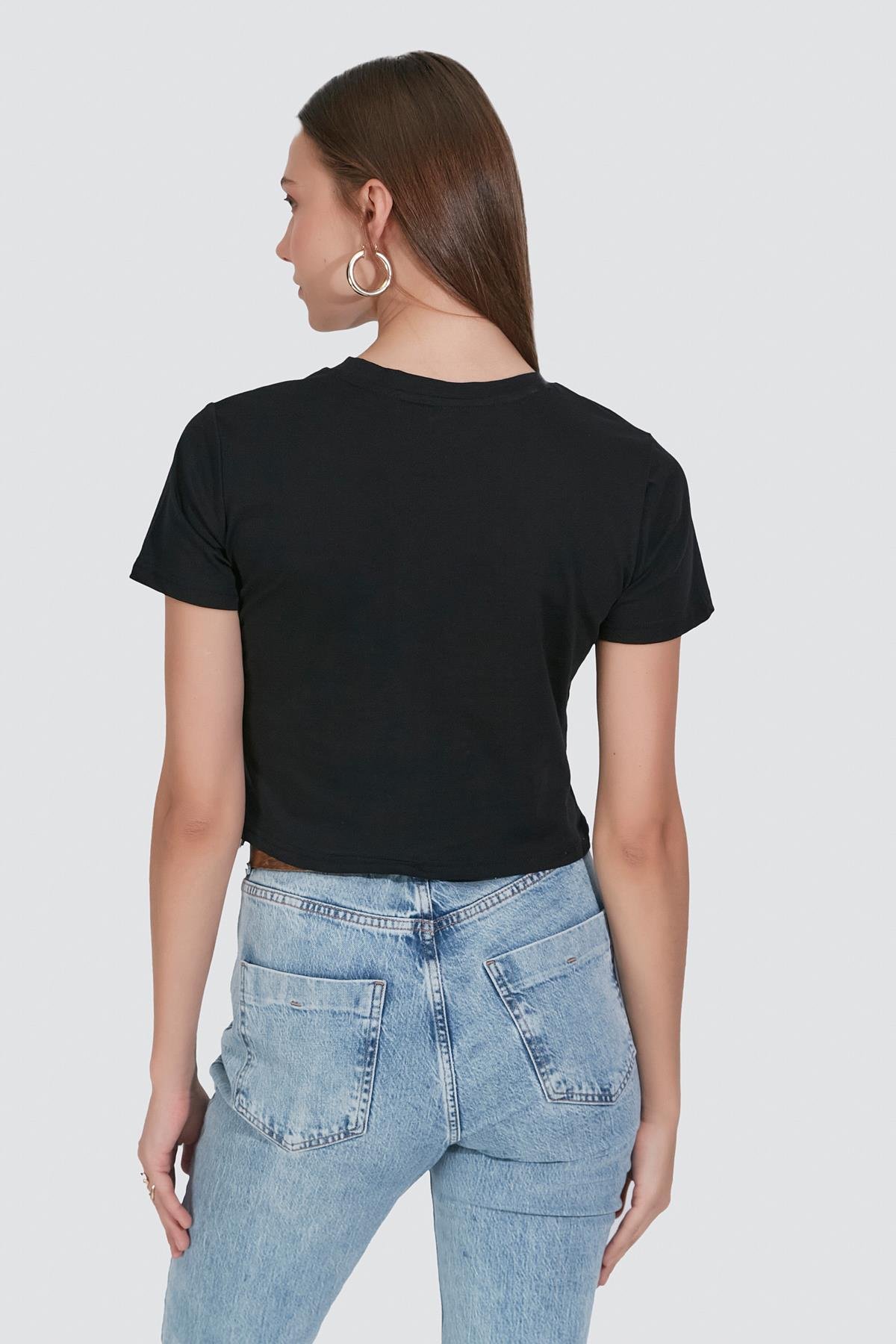 Bisiklet Yaka Kısa Kol 2'li Crop T-Shirt 956 Siyah