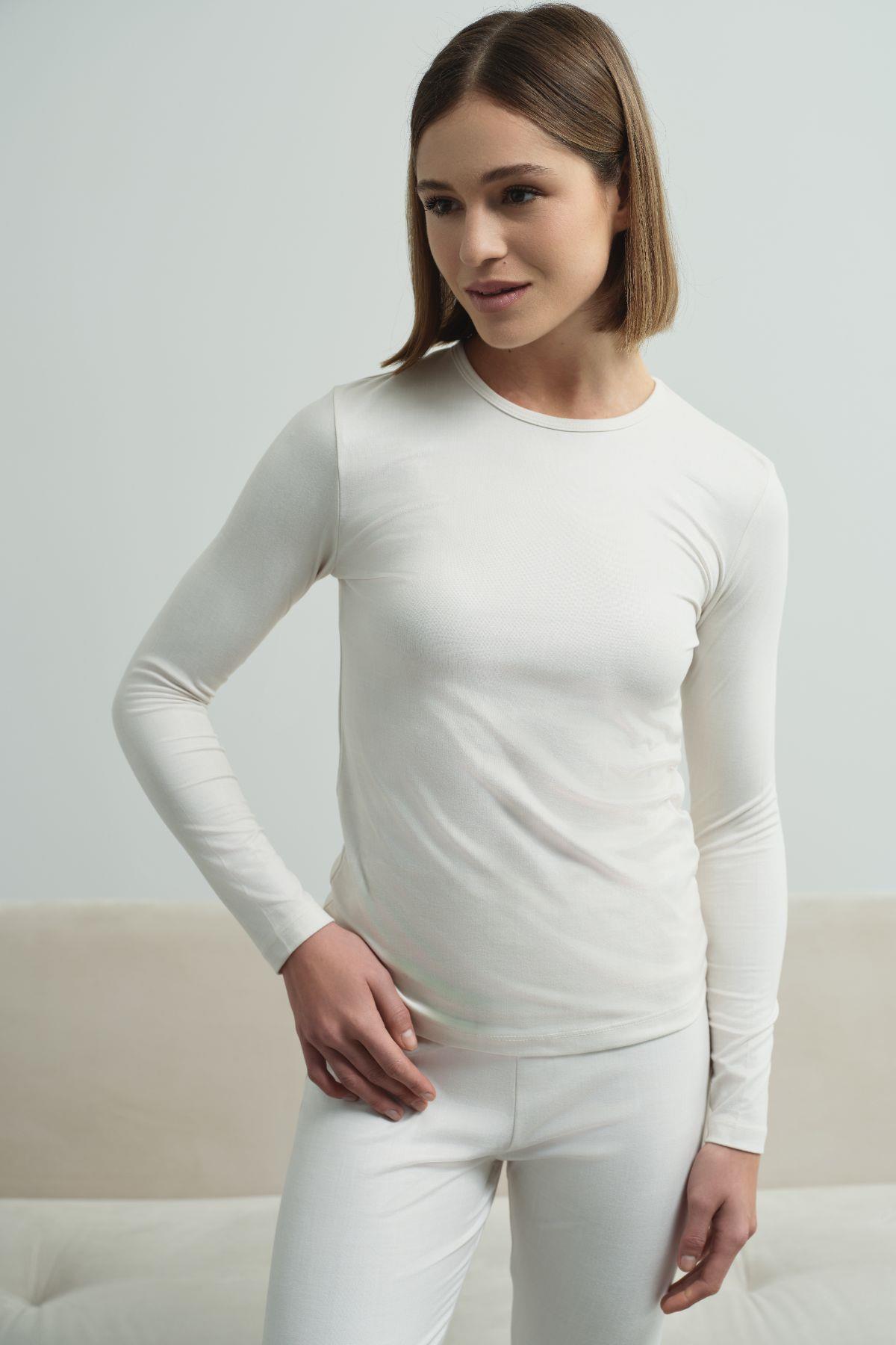 Bisiklet Yaka Soft Uzun Kol T-Shirt Bej