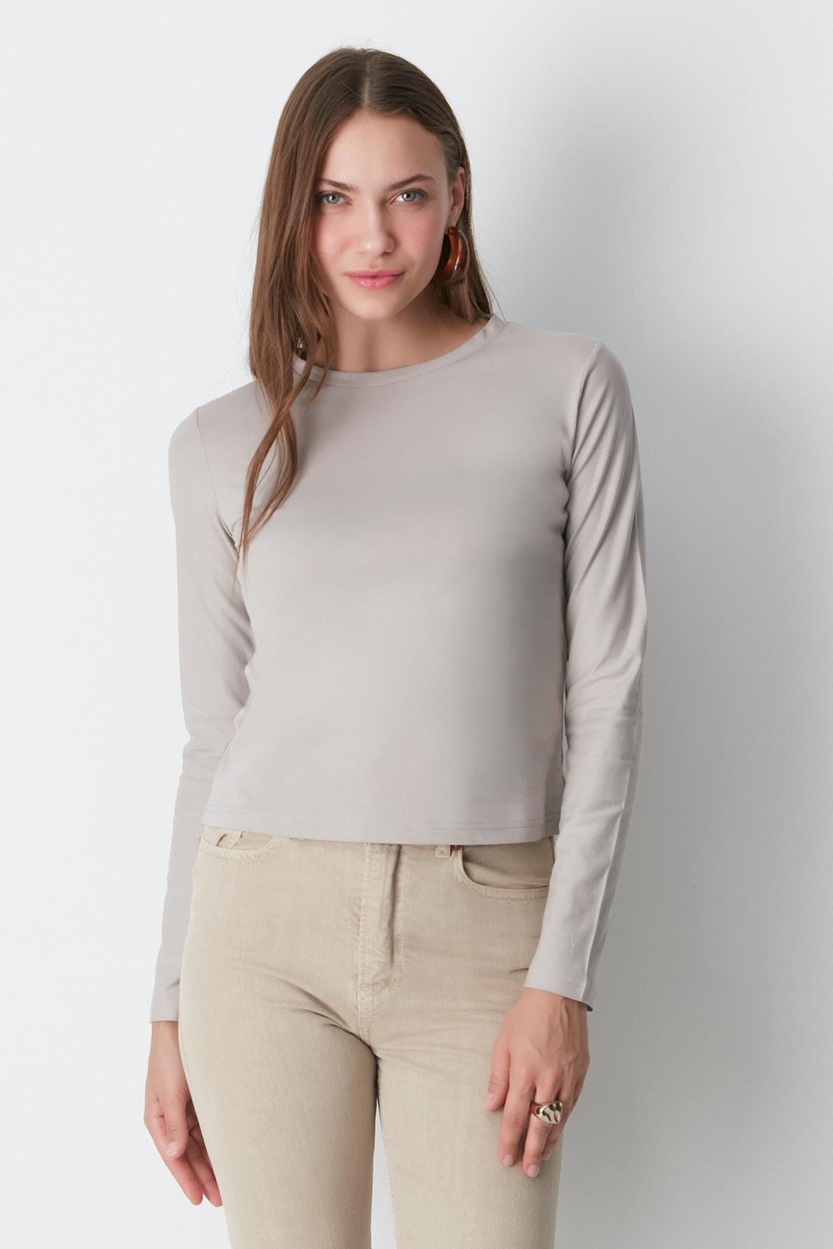 Bisiklet Yaka Uzun Kol 2'li Basic T-Shirt 955 Gri/Kahve