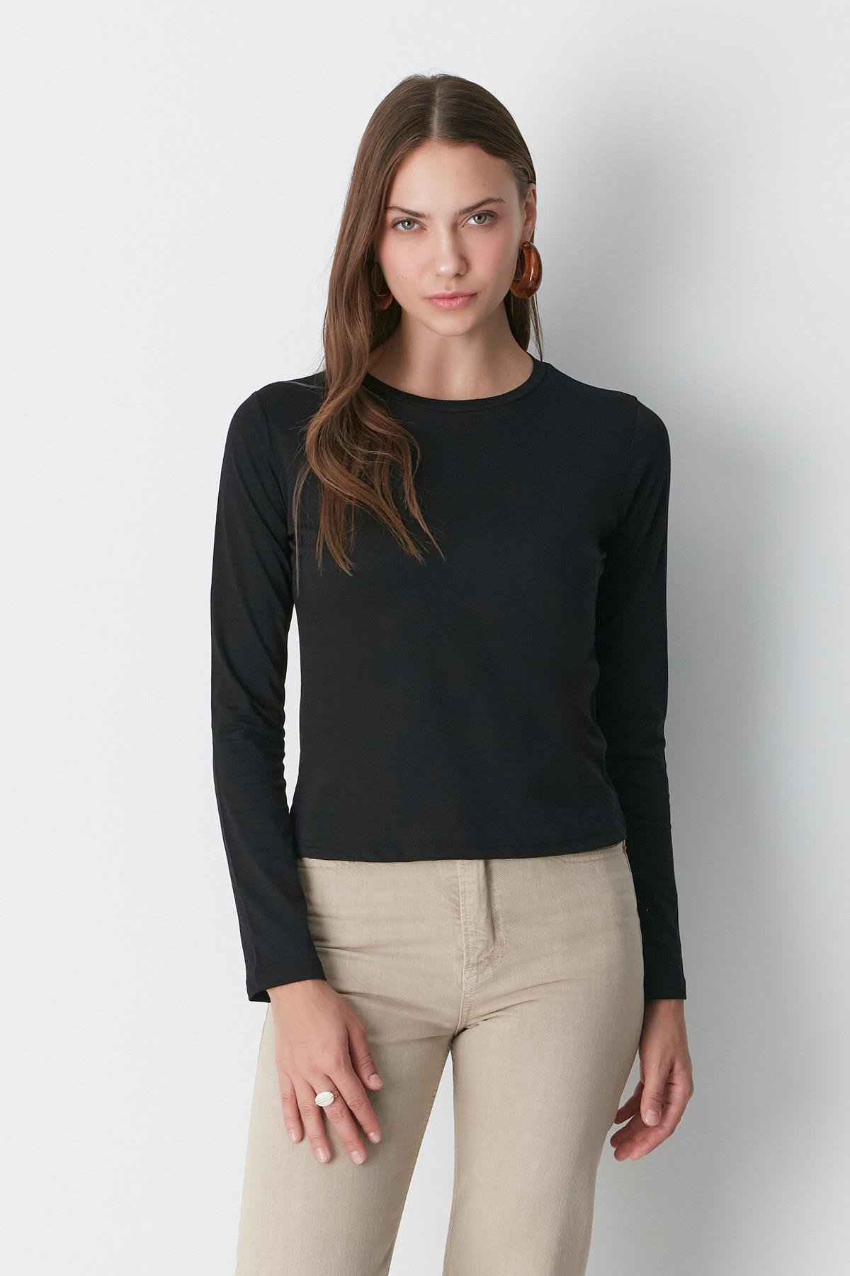 Bisiklet Yaka Uzun Kol 2'li Basic T-Shirt 955 Siyah/Beyaz