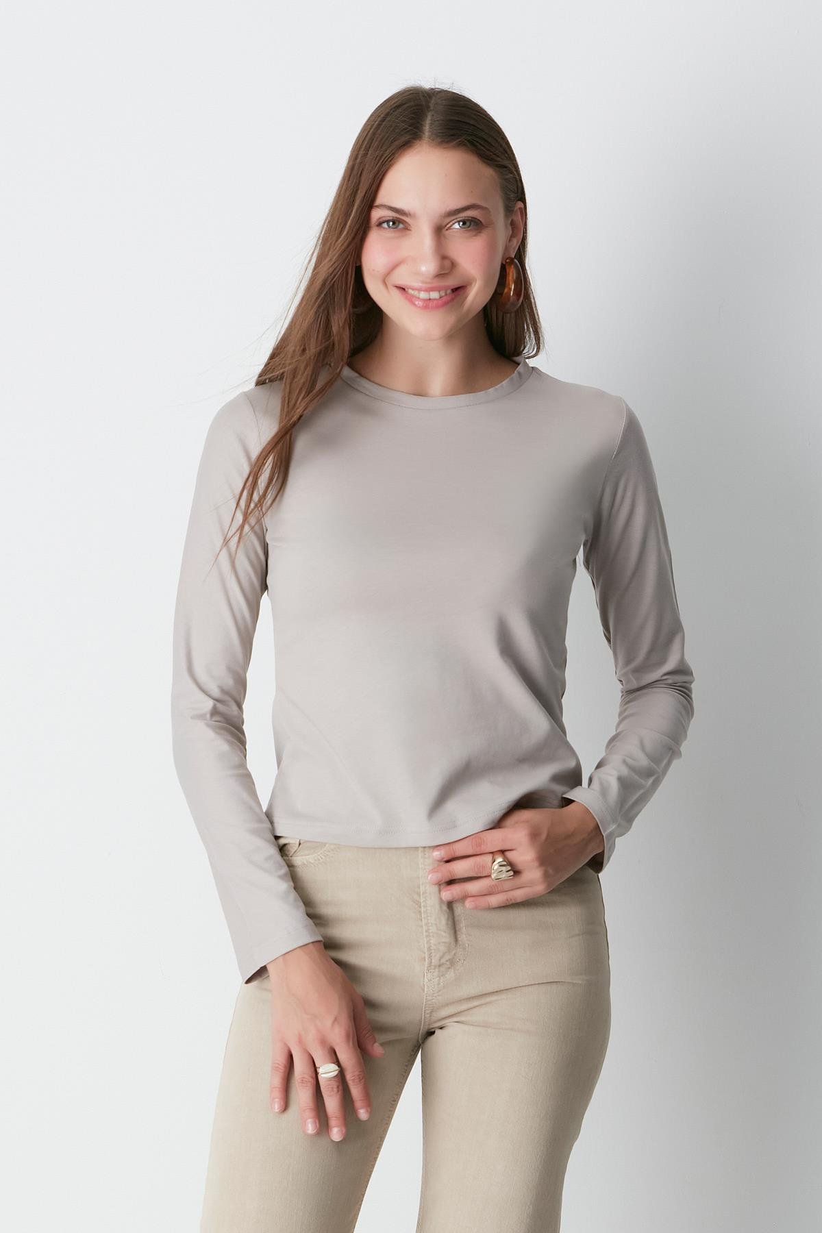 Bisiklet Yaka Uzun Kol 2'li Basic T-Shirt 955 Gri/Kahve