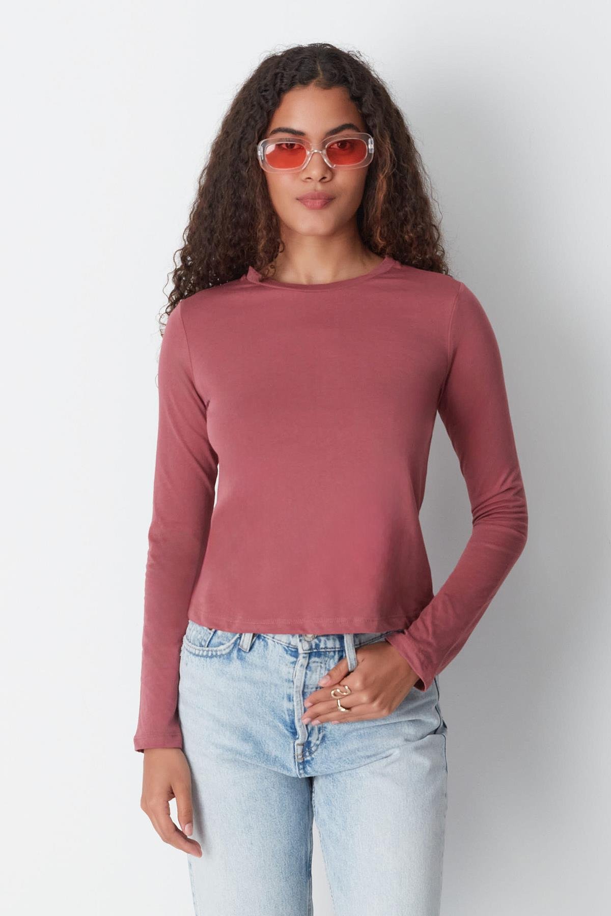 Bisiklet Yaka Uzun Kol 2'li Basic T-Shirt 955 Çağla/Gül Kurusu