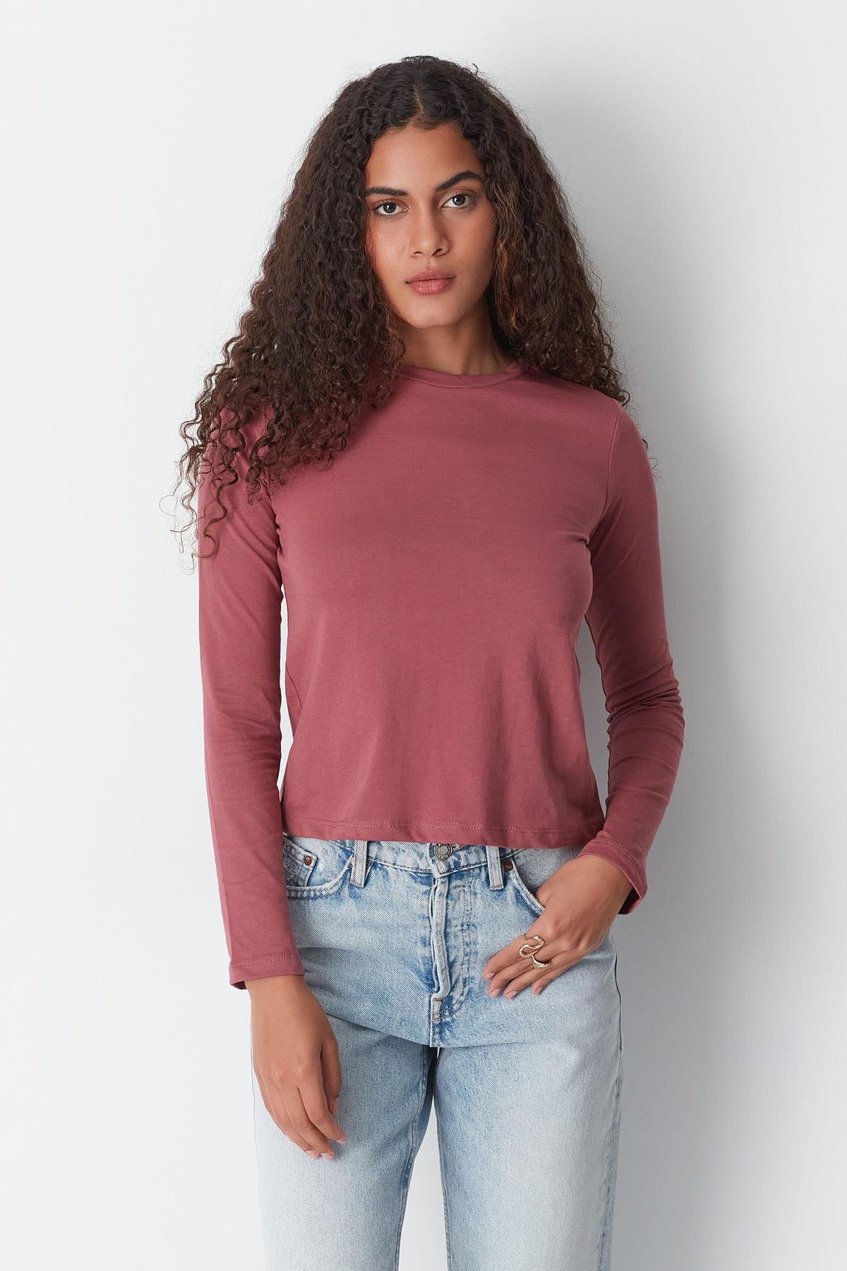 Bisiklet Yaka Uzun Kol 2'li Basic T-Shirt 955 Çağla/Gül Kurusu