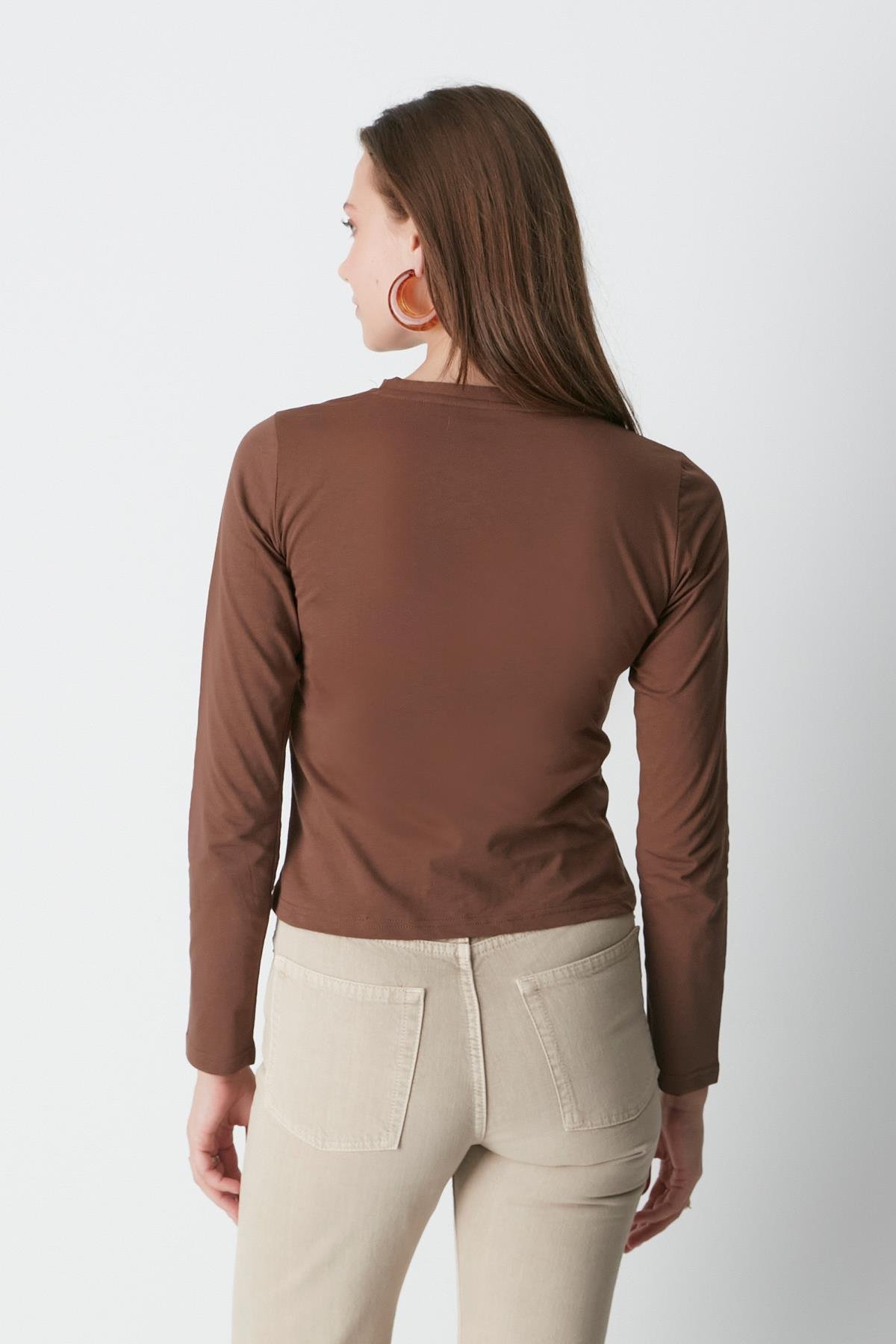 Bisiklet Yaka Uzun Kol 2'li Basic T-Shirt 955 Gri/Kahve