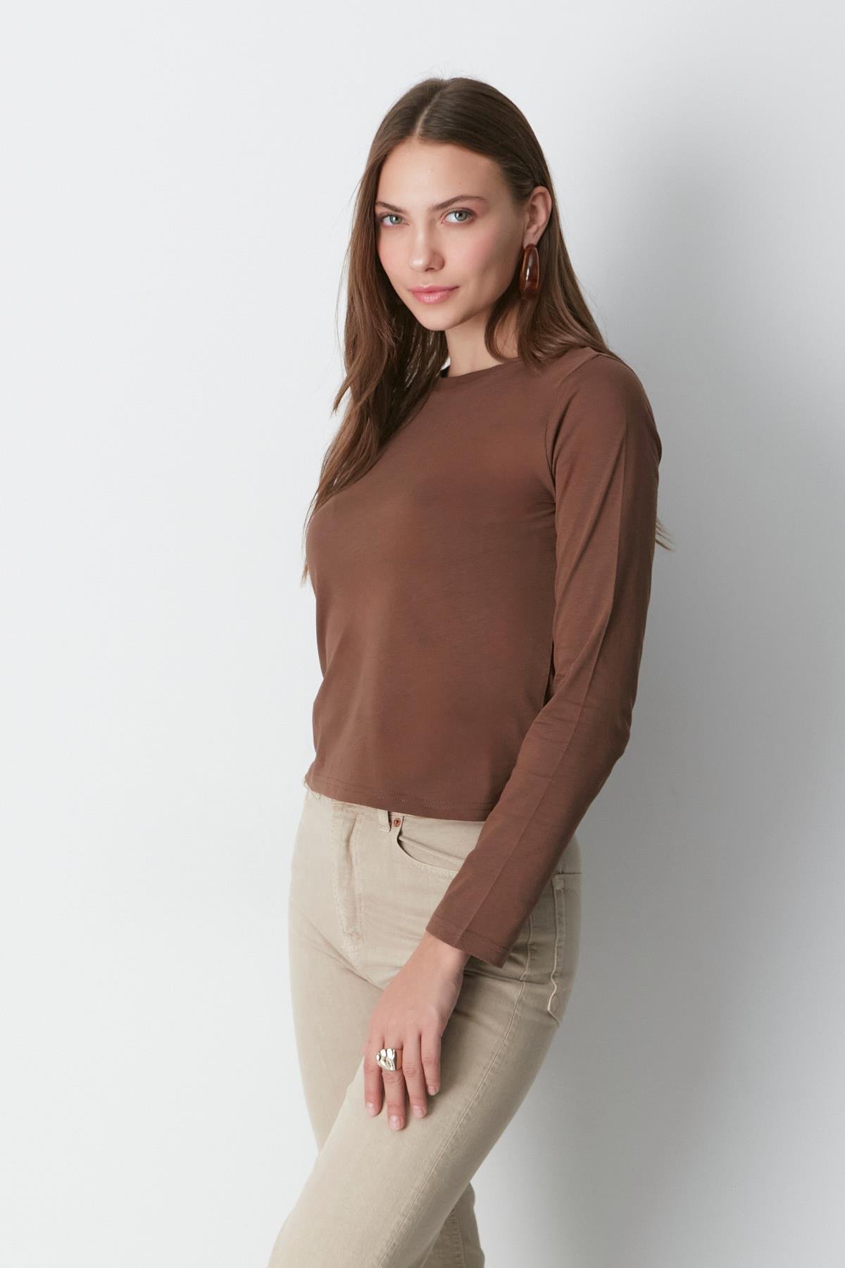 Bisiklet Yaka Uzun Kol 2'li Basic T-Shirt 955 Gri/Kahve