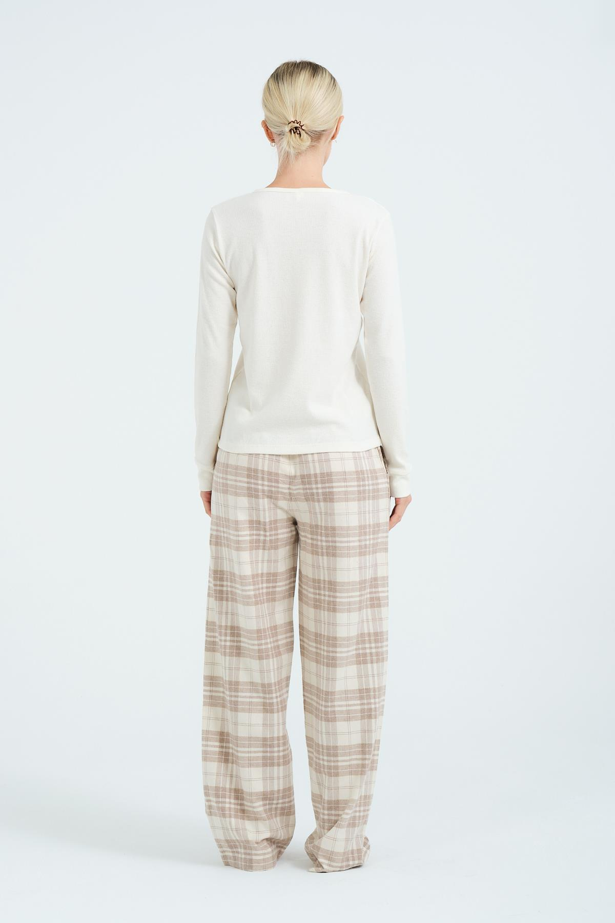 Bisiklet Yaka Uzun Kol Cepli Pijama Takım 405111 Ekru
