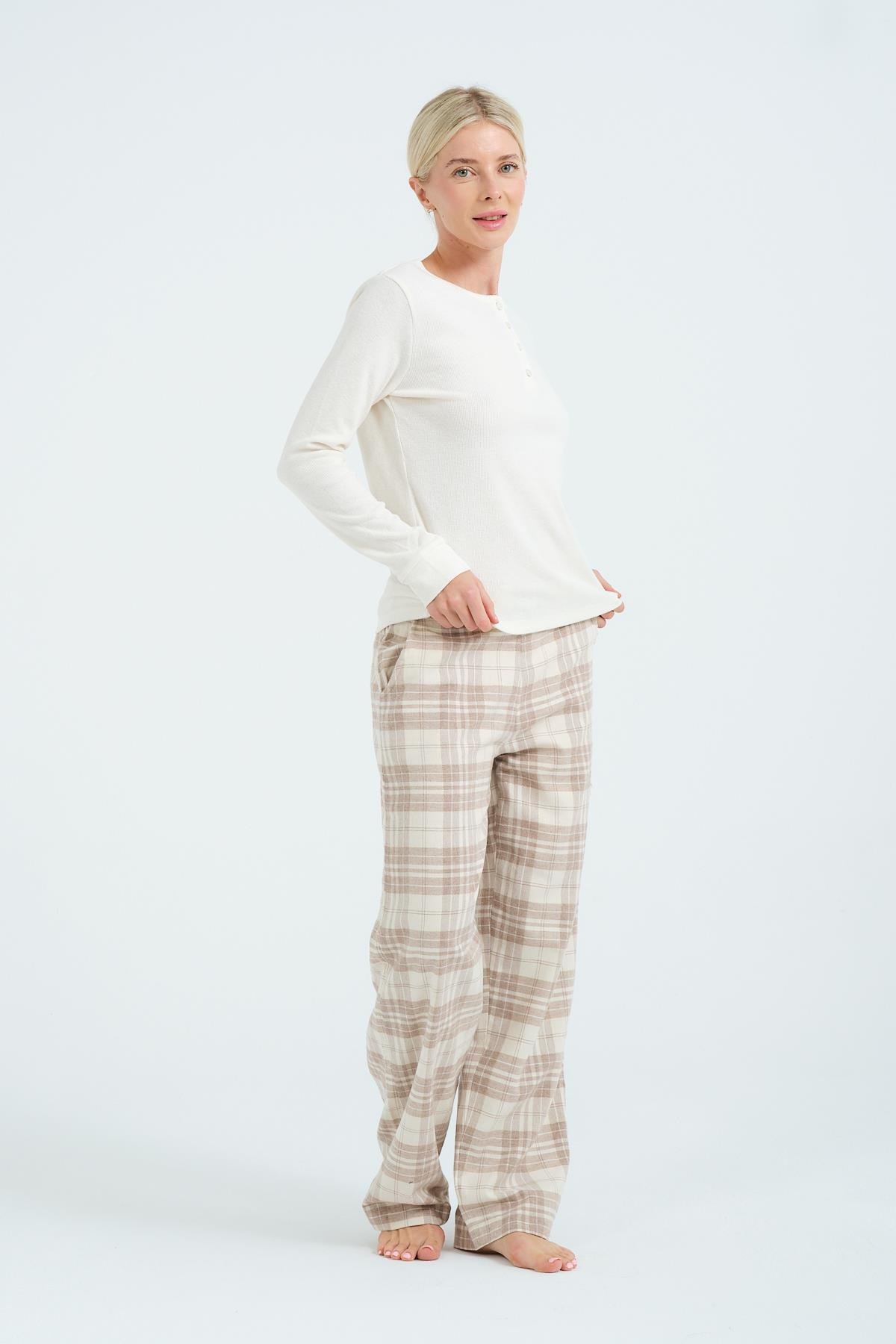 Bisiklet Yaka Uzun Kol Cepli Pijama Takım 405111 Ekru
