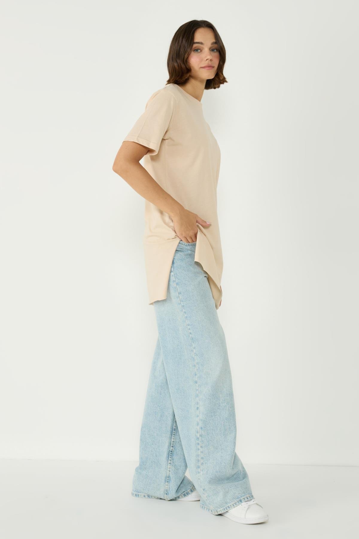 Bisiklet Yaka Yarım Kol Yırtmaçlı 2'li Uzun T-Shirt 963 Bordo/Bej