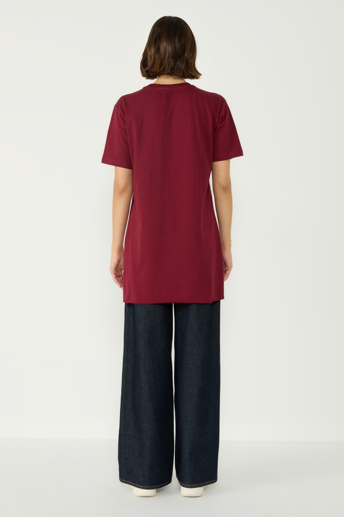 Bisiklet Yaka Yarım Kol Yırtmaçlı 2'li Uzun T-Shirt 963 Bordo/Kiremit