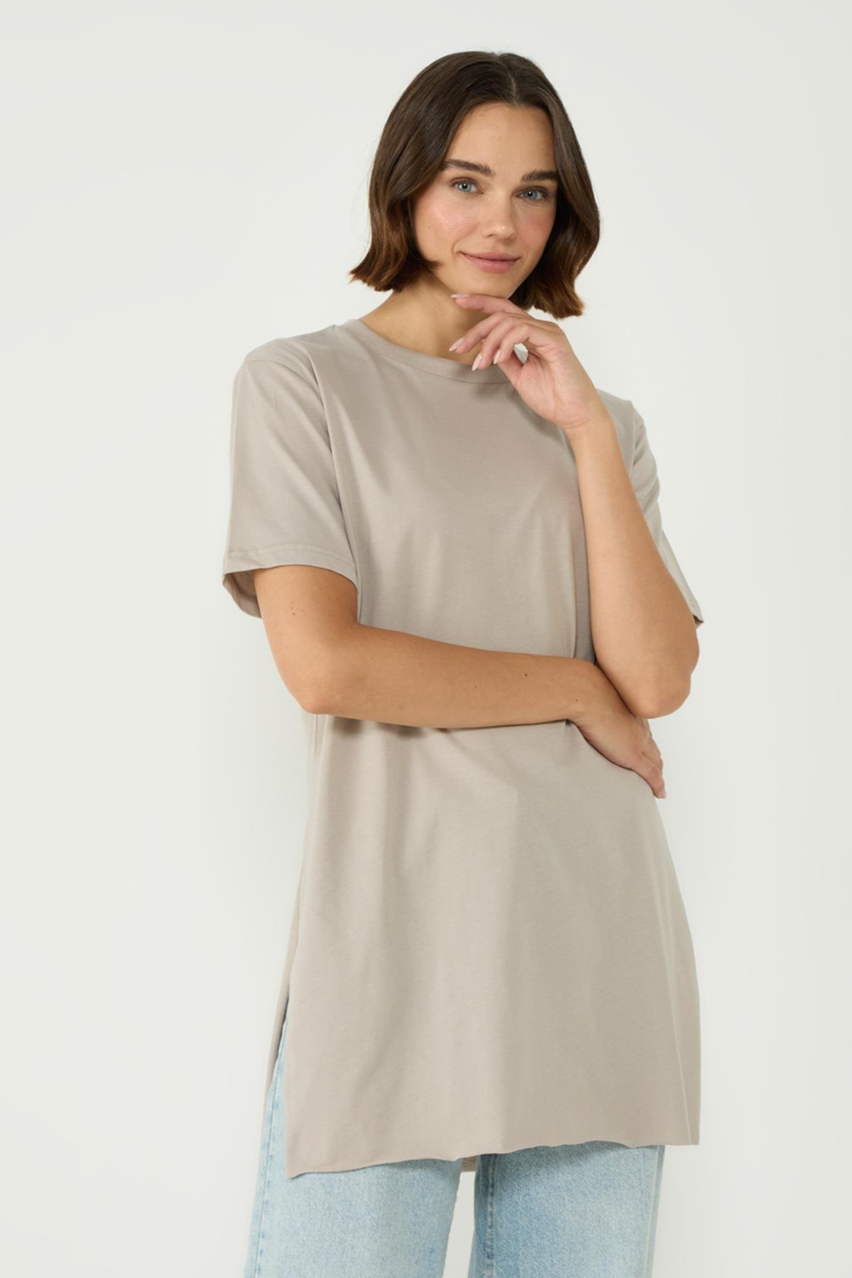 Bisiklet Yaka Yarım Kol Yırtmaçlı 2'li Uzun T-Shirt 963 Haki/Gri