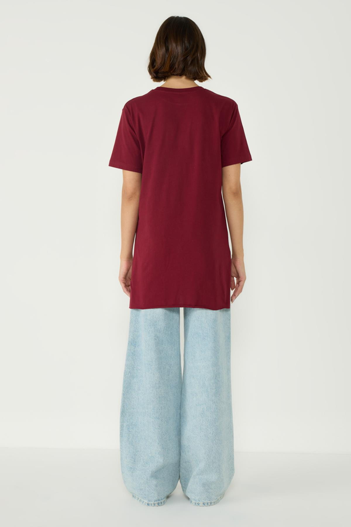 Bisiklet Yaka Yarım Kol Yırtmaçlı 2'li Uzun T-Shirt 963 Bordo/Bej