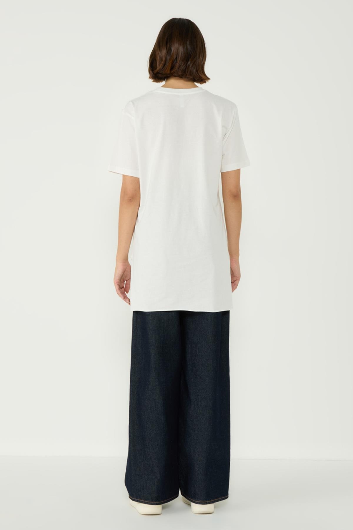 Bisiklet Yaka Yarım Kol Yırtmaçlı 2'li Uzun T-Shirt 963 Ekru/Çağla