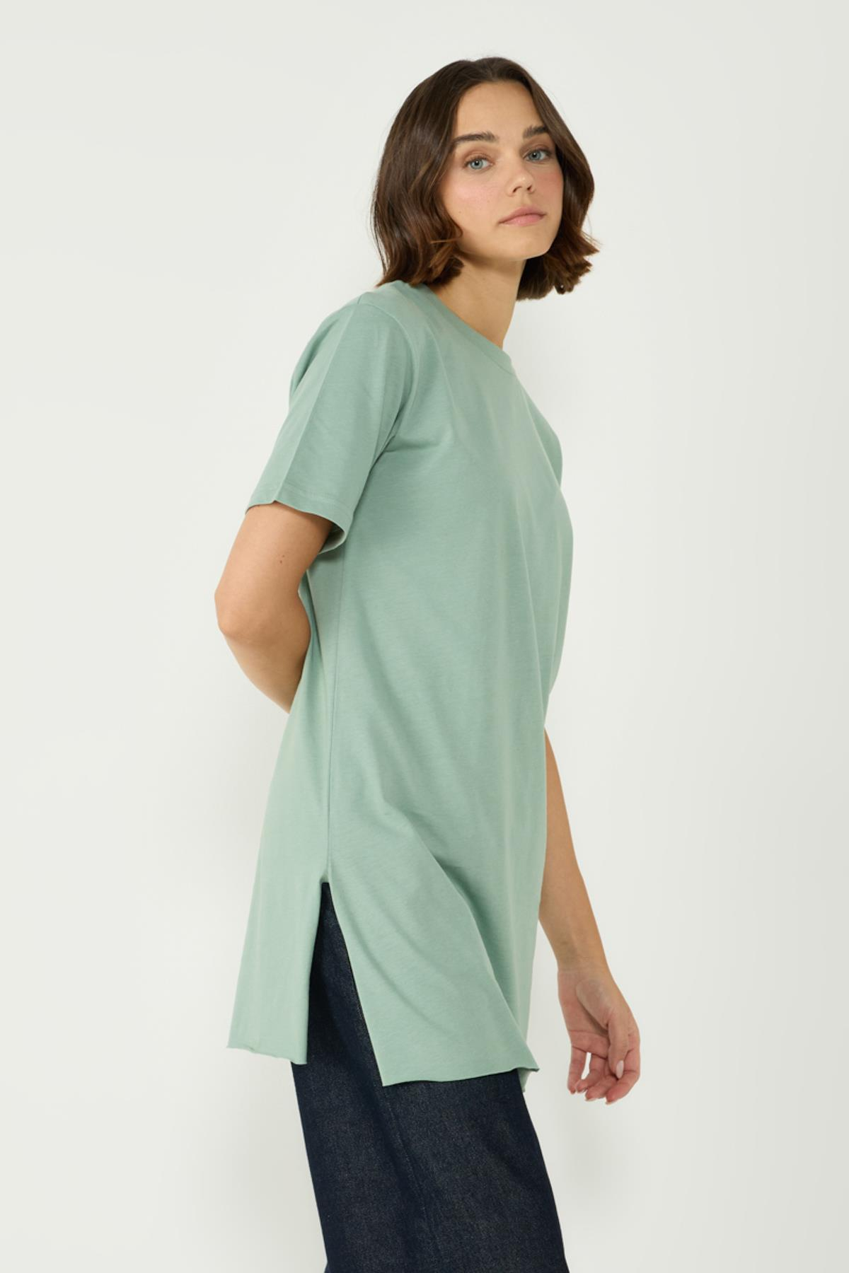 Bisiklet Yaka Yarım Kol Yırtmaçlı 2'li Uzun T-Shirt 963 Ekru/Çağla