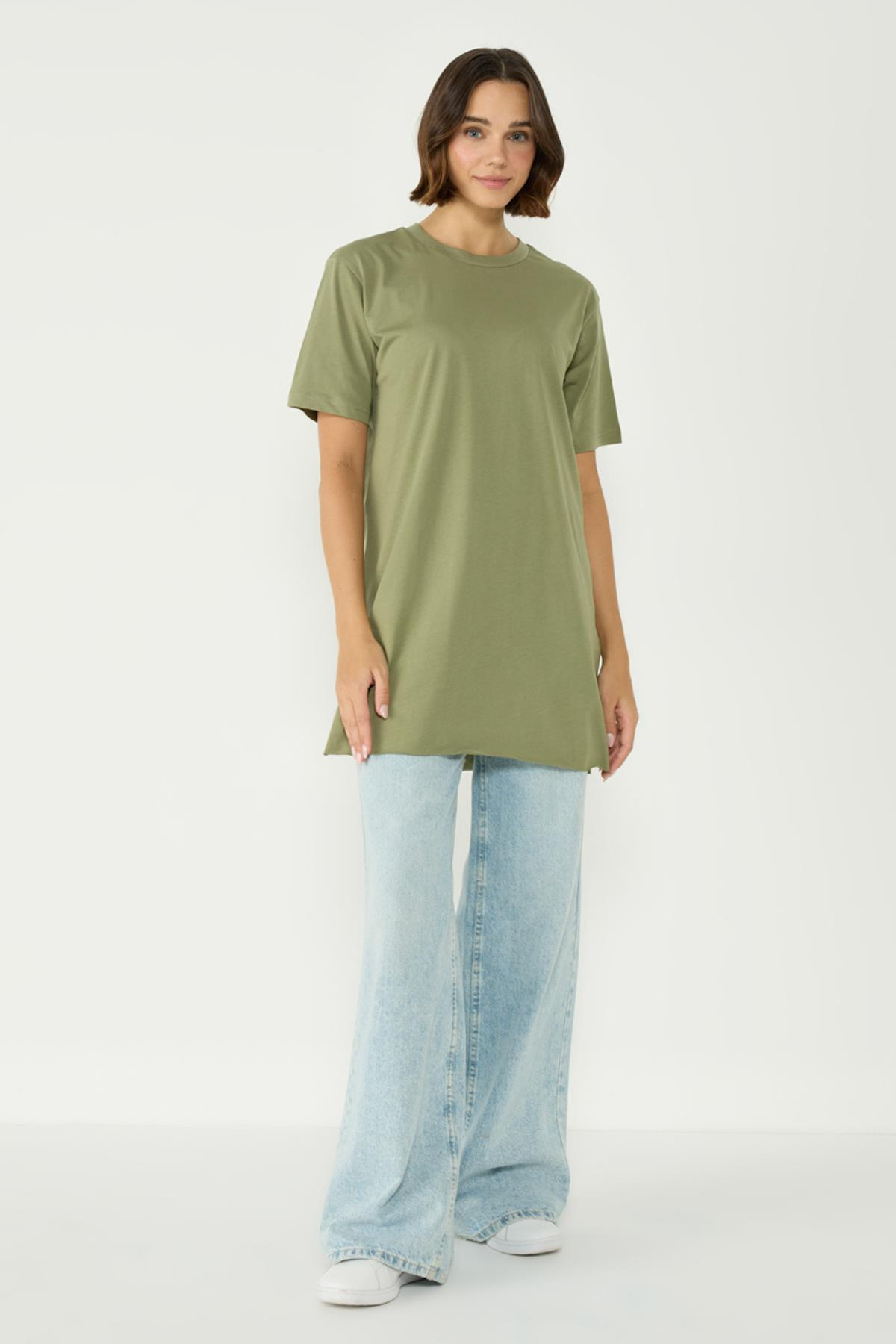 Bisiklet Yaka Yarım Kol Yırtmaçlı 2'li Uzun T-Shirt 963 Haki/Gri