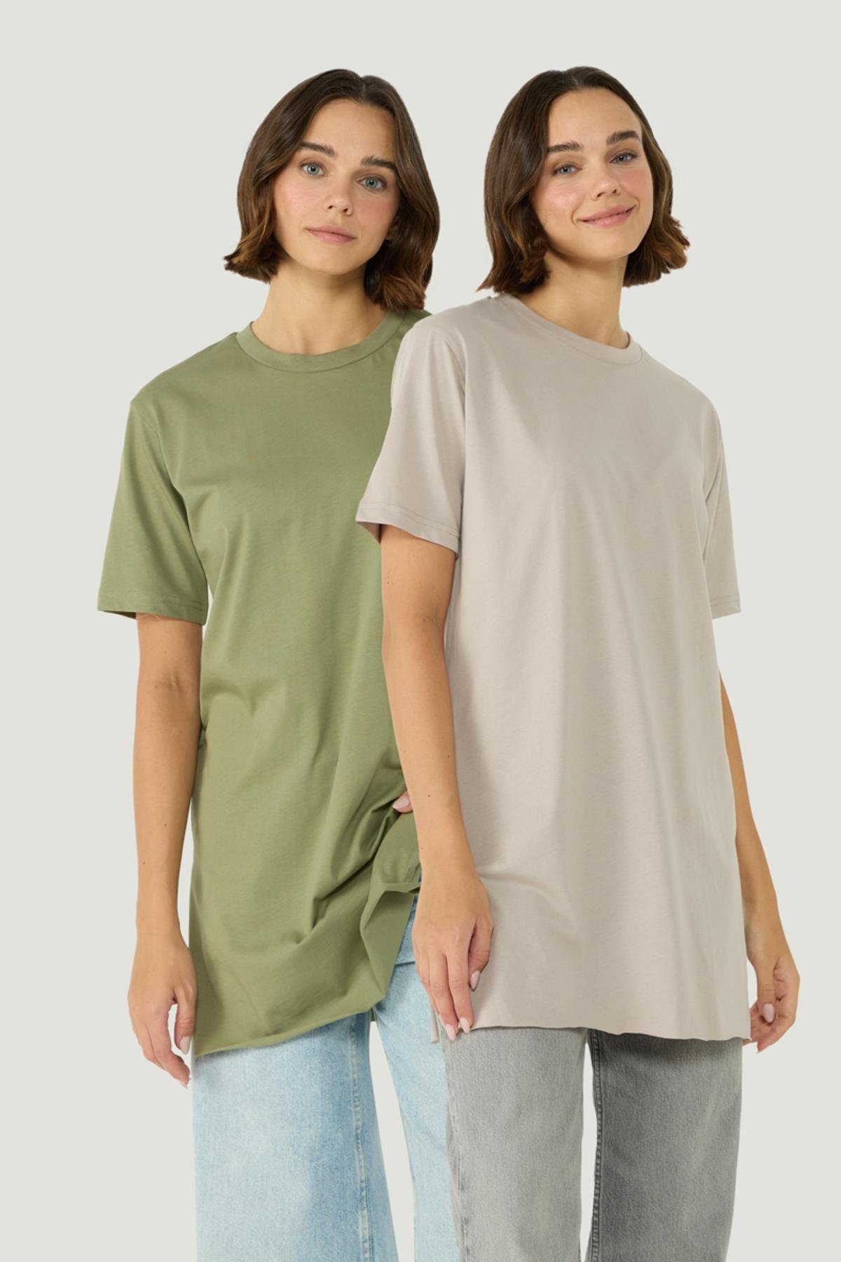 Bisiklet Yaka Yarım Kol Yırtmaçlı 2'li Uzun T-Shirt 963 Haki/Gri