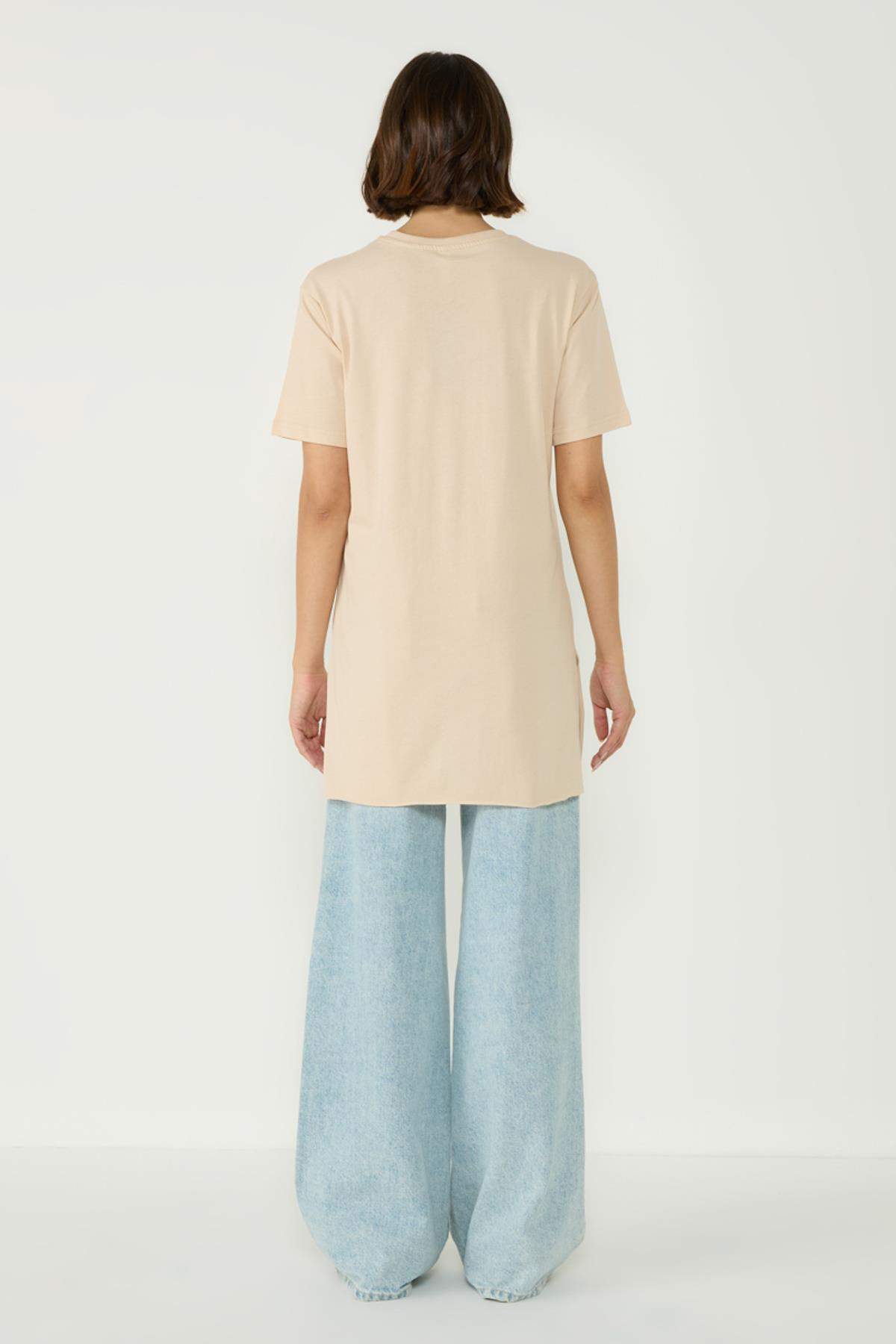 Bisiklet Yaka Yarım Kol Yırtmaçlı 2'li Uzun T-Shirt 963 Bordo/Bej