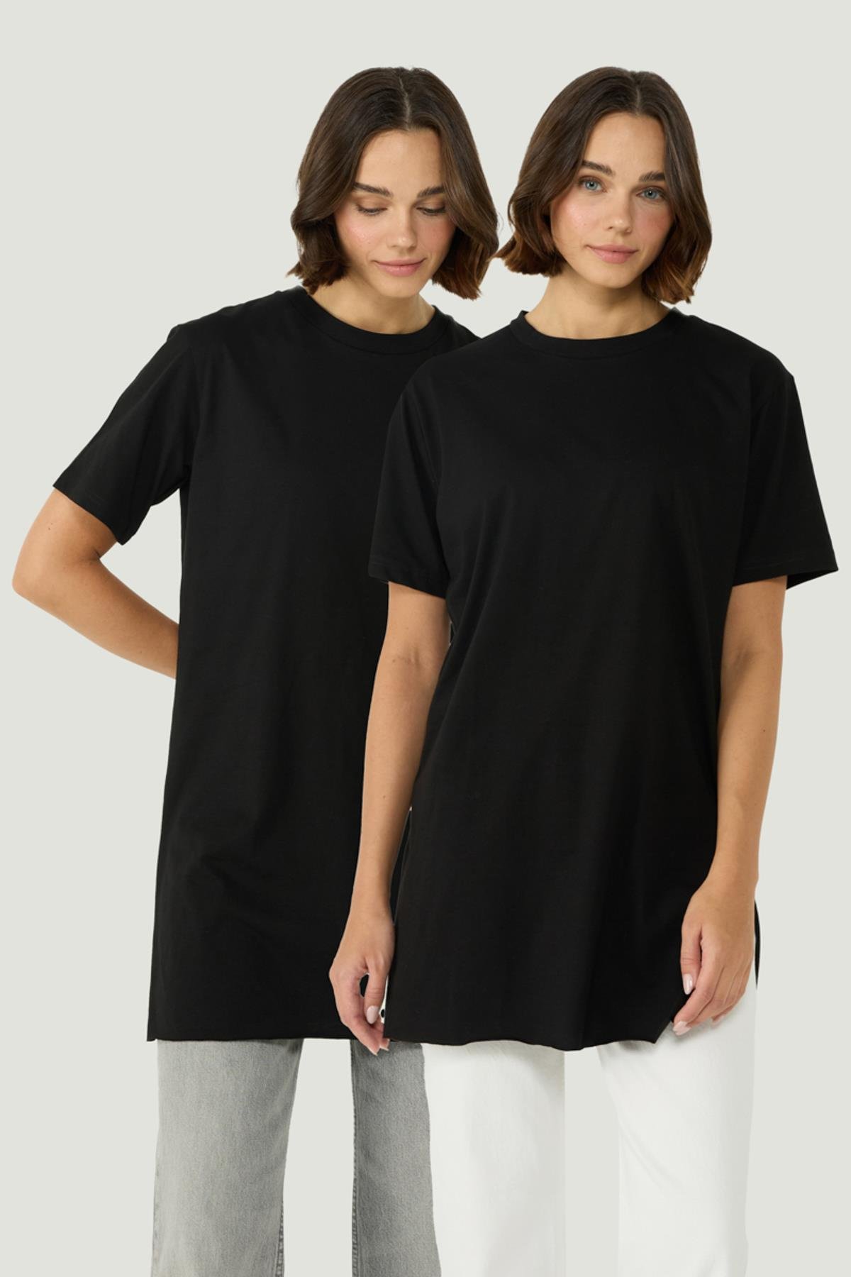 Bisiklet Yaka Yarım Kol Yırtmaçlı 2'li Uzun T-Shirt 963 Siyah