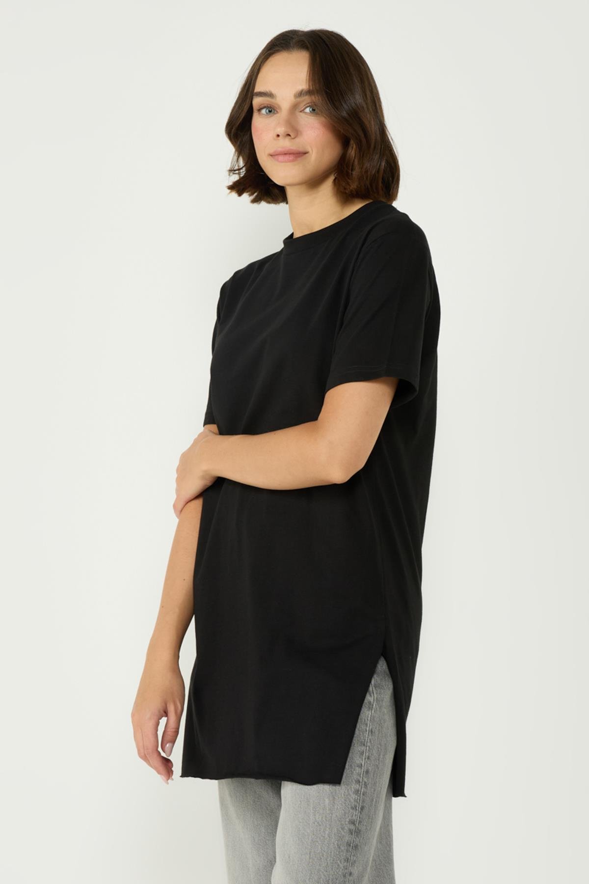 Bisiklet Yaka Yarım Kol Yırtmaçlı 2'li Uzun T-Shirt 963 Siyah