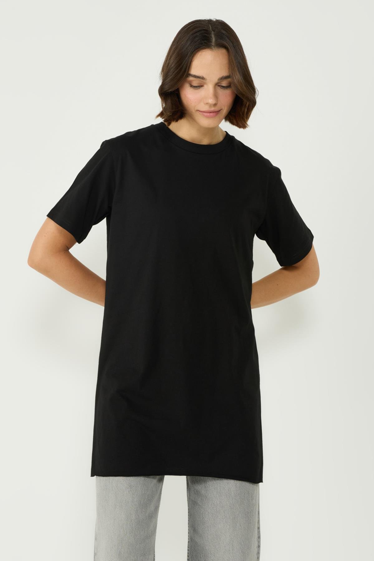 Bisiklet Yaka Yarım Kol Yırtmaçlı 2'li Uzun T-Shirt 963 Siyah