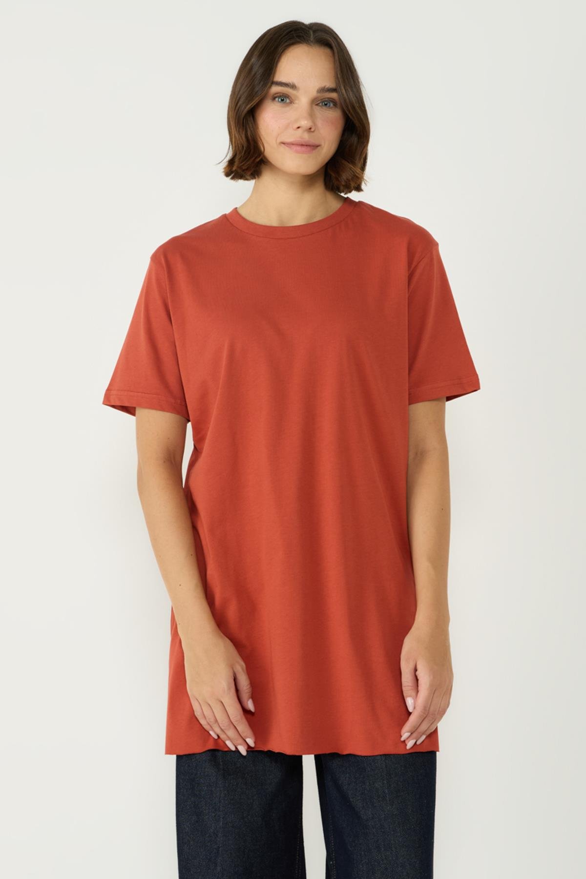 Bisiklet Yaka Yarım Kol Yırtmaçlı 2'li Uzun T-Shirt 963 Bordo/Kiremit