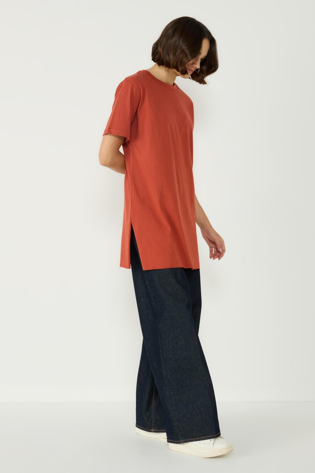 Bisiklet Yaka Yarım Kol Yırtmaçlı 2'li Uzun T-Shirt 963 Bordo/Kiremit