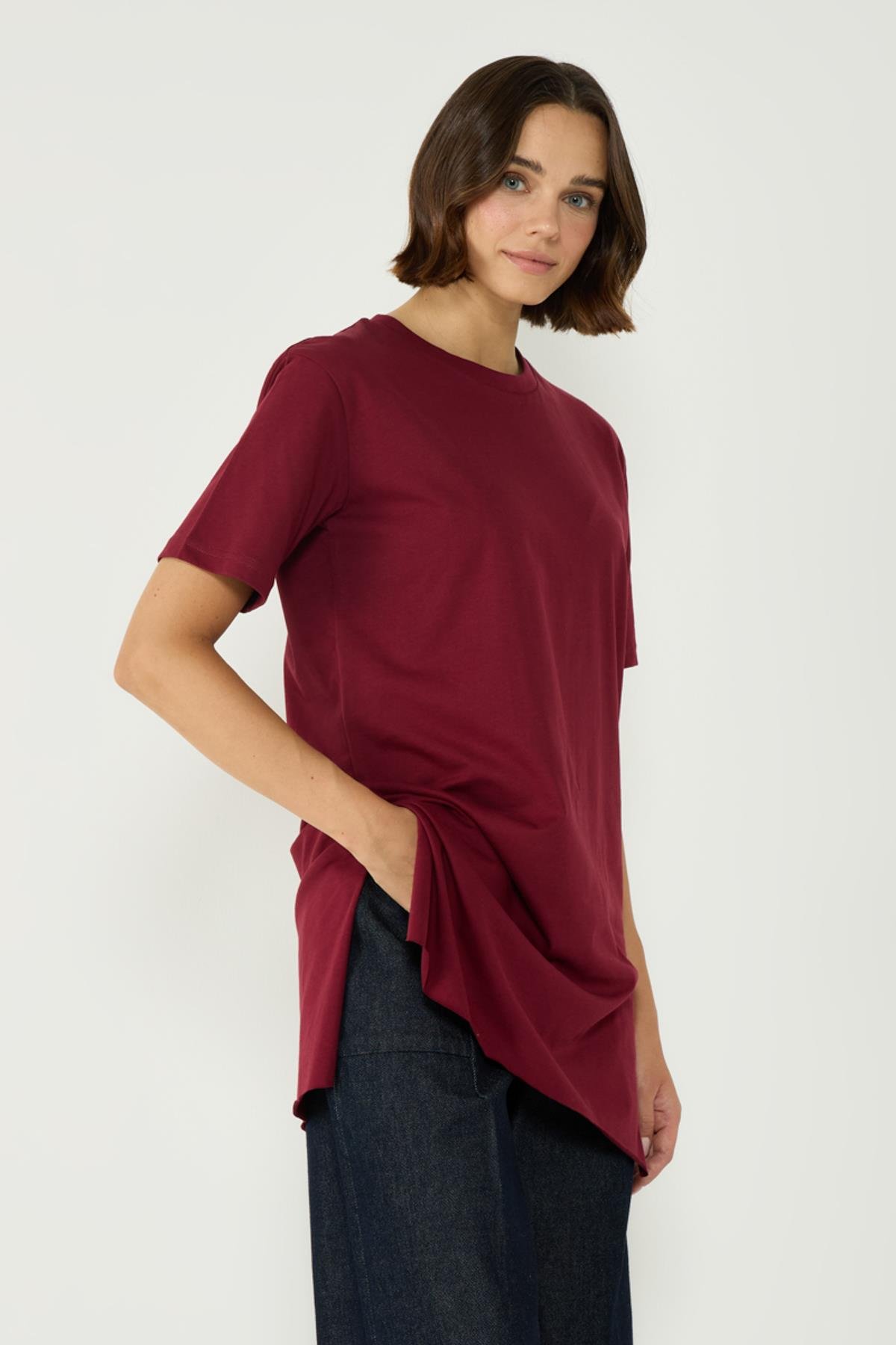 Bisiklet Yaka Yarım Kol Yırtmaçlı 2'li Uzun T-Shirt 963 Bordo/Kiremit