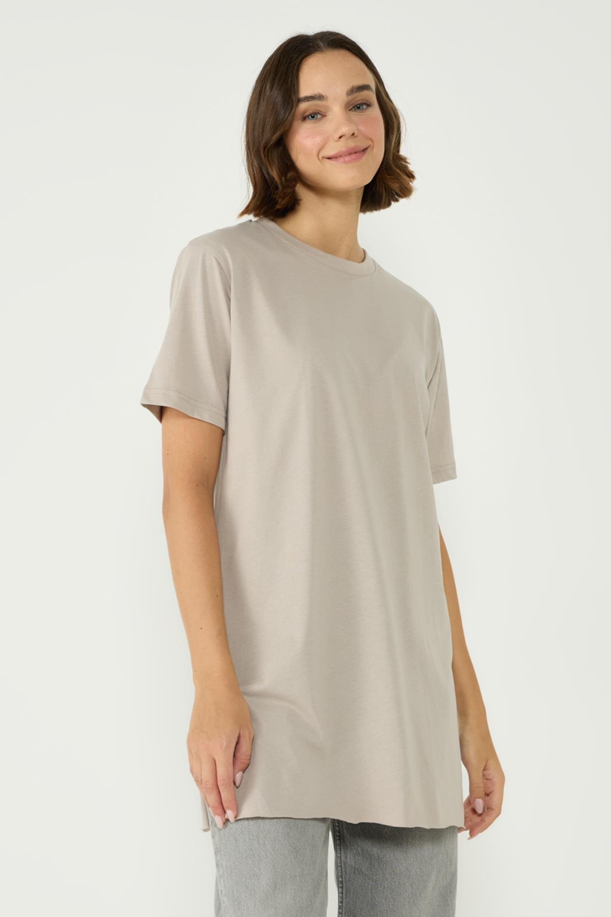 Bisiklet Yaka Yarım Kol Yırtmaçlı 2'li Uzun T-Shirt 963 Gri/Kiremit