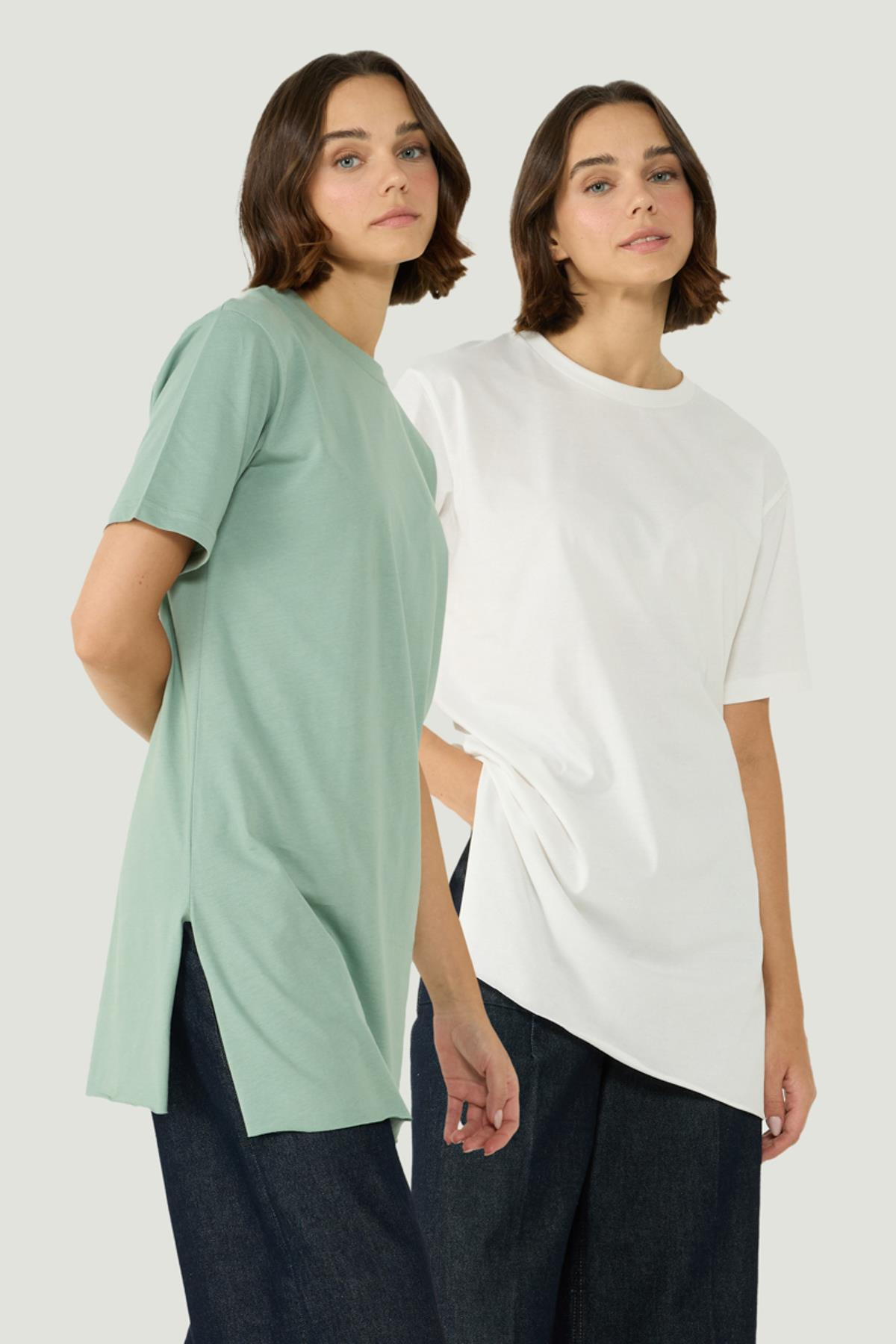 Bisiklet Yaka Yarım Kol Yırtmaçlı 2'li Uzun T-Shirt 963 Ekru/Çağla