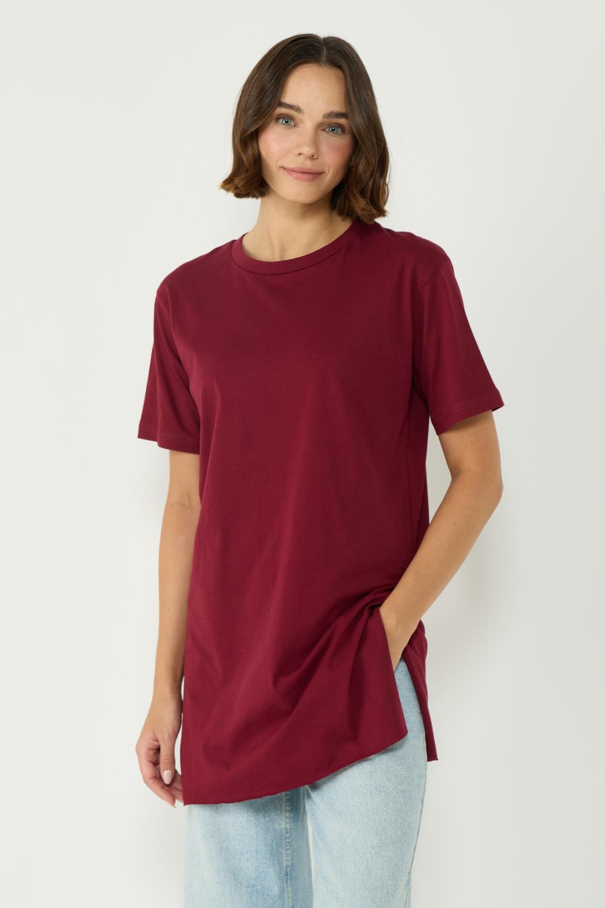 Bisiklet Yaka Yarım Kol Yırtmaçlı 2'li Uzun T-Shirt 963 Bordo/Bej