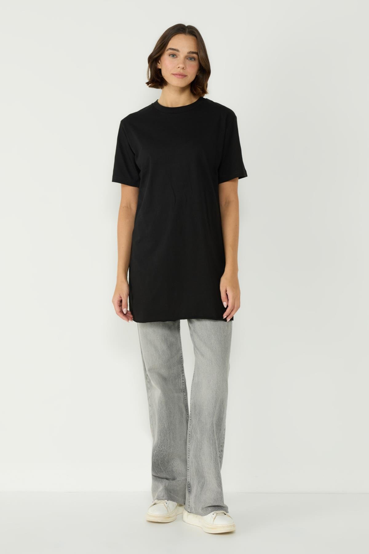 Bisiklet Yaka Yarım Kol Yırtmaçlı 2'li Uzun T-Shirt 963 Siyah