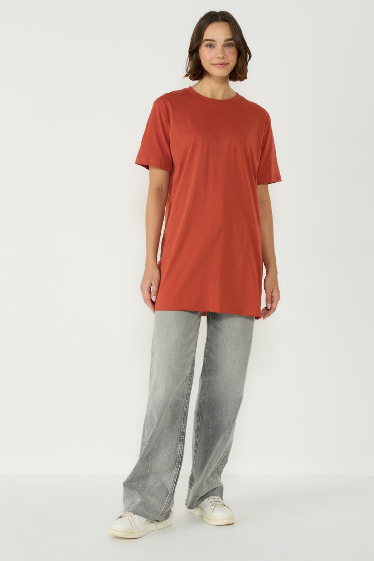 Bisiklet Yaka Yarım Kol Yırtmaçlı 2'li Uzun T-Shirt 963 Gri/Kiremit