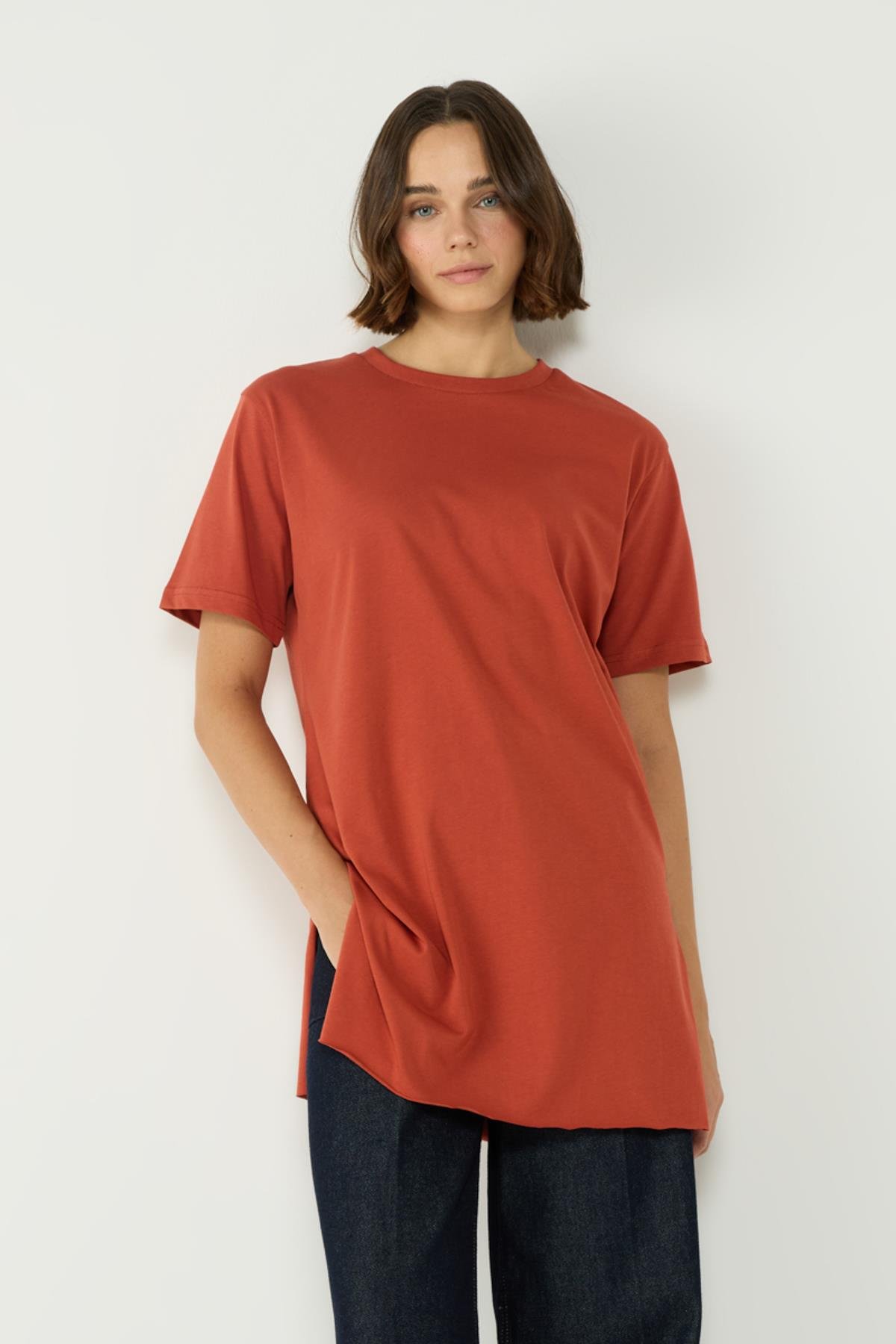 Bisiklet Yaka Yarım Kol Yırtmaçlı 2'li Uzun T-Shirt 963 Bordo/Kiremit