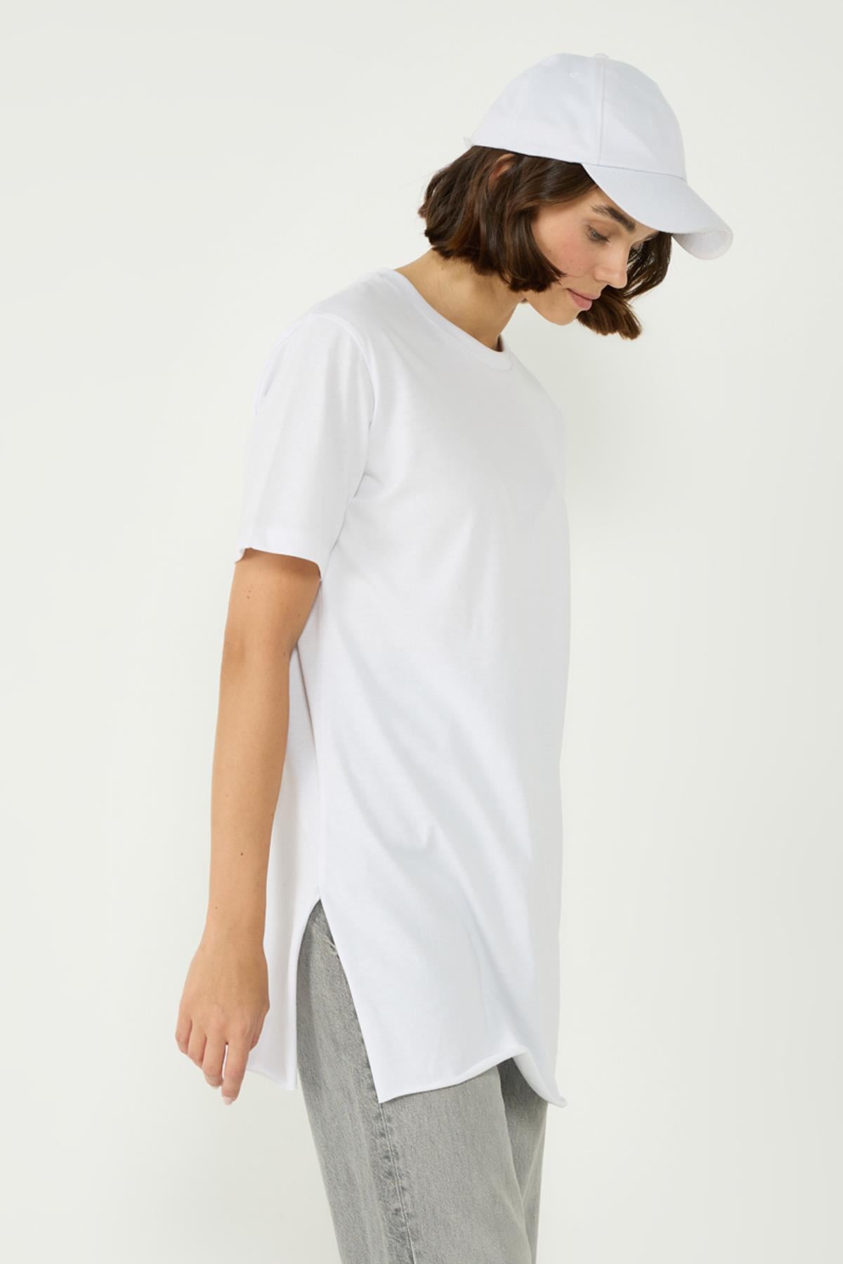 Bisiklet Yaka Yarım Kol Yırtmaçlı 2'li Uzun T-Shirt 963 Siyah/Beyaz