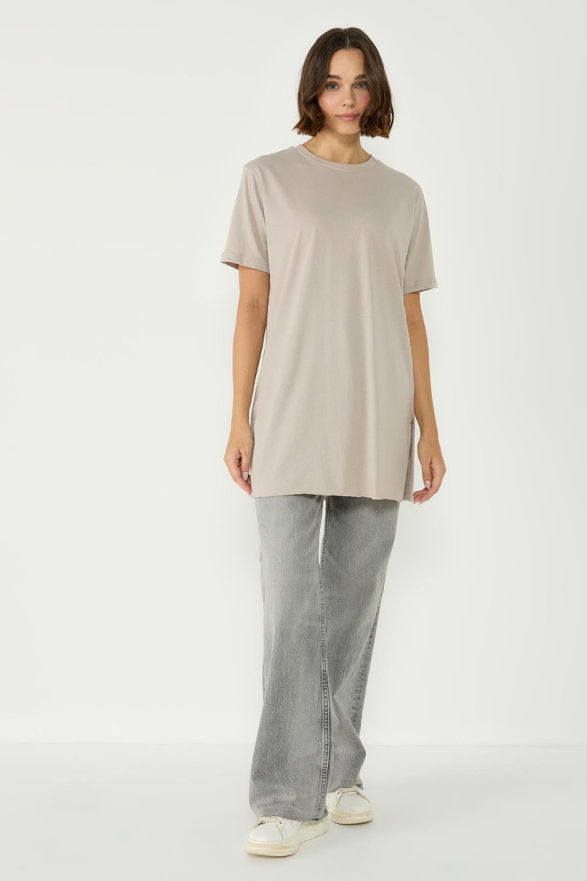 Bisiklet Yaka Yarım Kol Yırtmaçlı 2'li Uzun T-Shirt 963 Gri/Kiremit