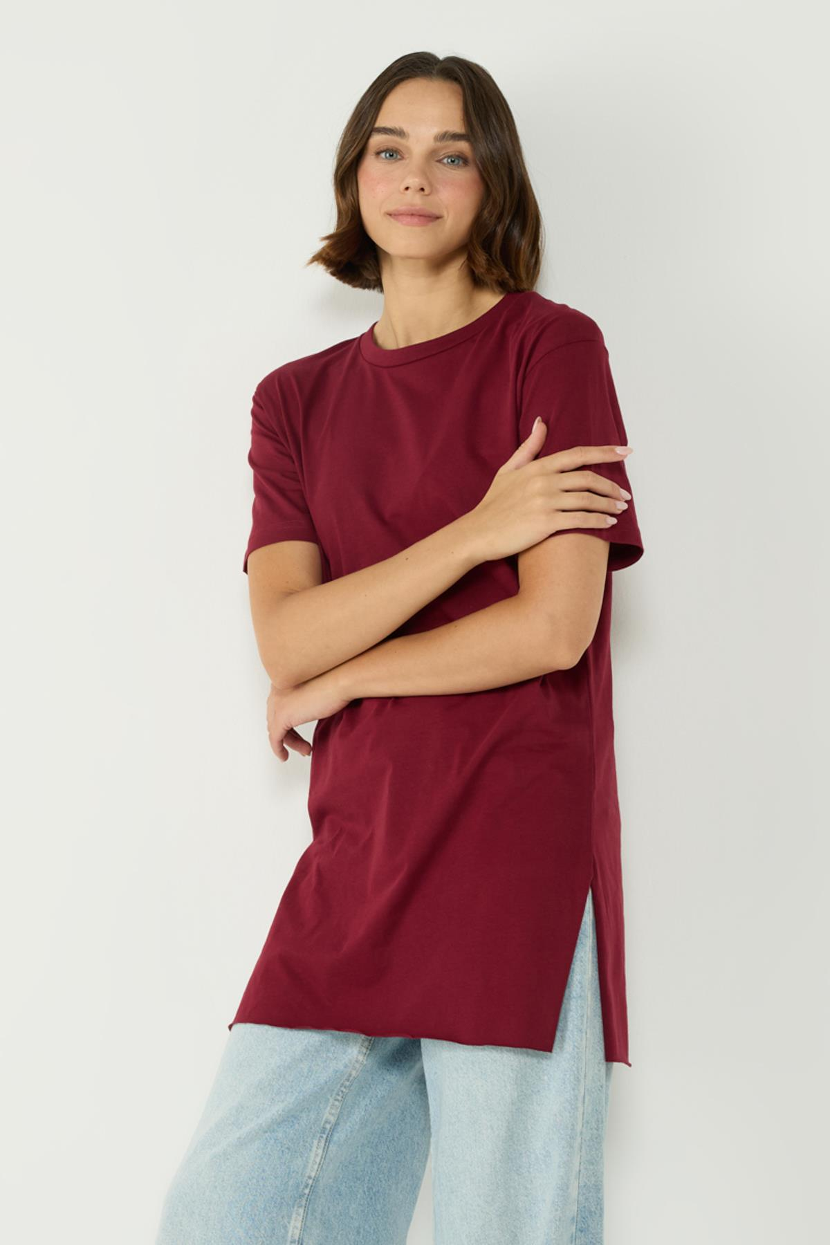 Bisiklet Yaka Yarım Kol Yırtmaçlı 2'li Uzun T-Shirt 963 Bordo/Bej